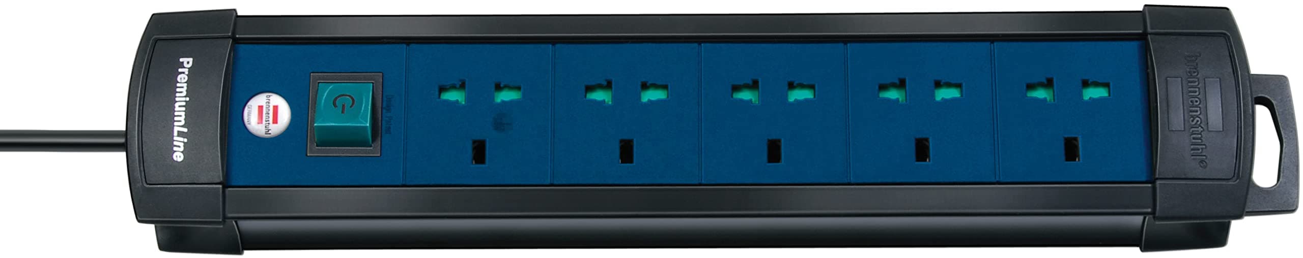 Brennenstuhl Premium-Line Multistandard, 5-way extension lead with 3m extension cable, sockets suitable for BS, U.S. and EURO plugs, black/blue, Made in Germany