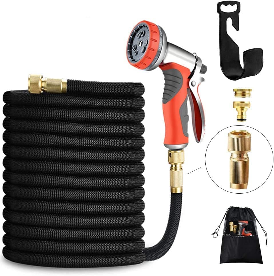 Upgraded Garden Hose 50FT 15M Expandable with Strongest Double Latex Core Water Hose Pipe with Solid Brass Fittings 9 Function Metal Water Nozzle Wall Holder (50FT)