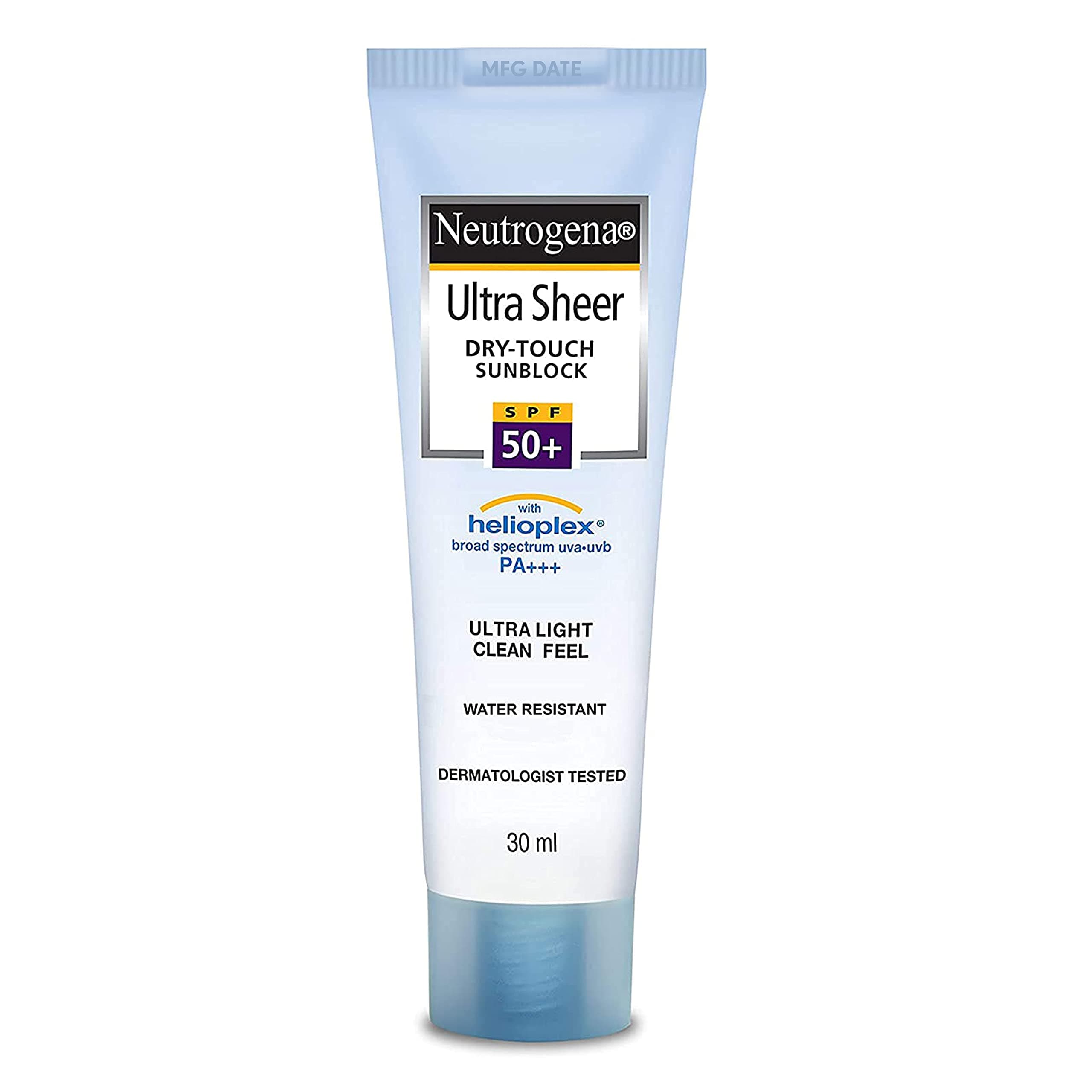 Neutrogena Ultra Sheer Sunscreen SPF 50+ | Broad Spectrum UVA/UVB | Blue light protect | No White Cast | Water resistant Ultra light & Non sticky | Oily, Dry & Sensitive Skin | 30 g (Pack of 1)