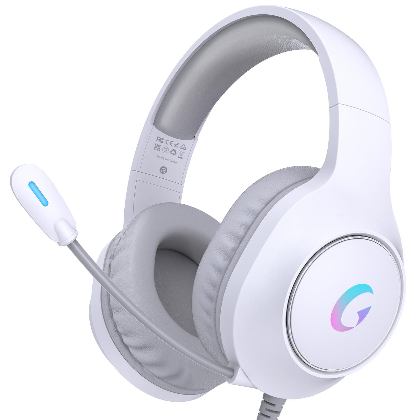CM7002 Gaming Headset for PS5, PS4, PC, Mac, Switch, Xbox Series, Surround Sound RGB Gaming Headphones with Noise Canceling Microphone, 50MM Dynamic Drivers, 3.5MM Audio Jack, Light White