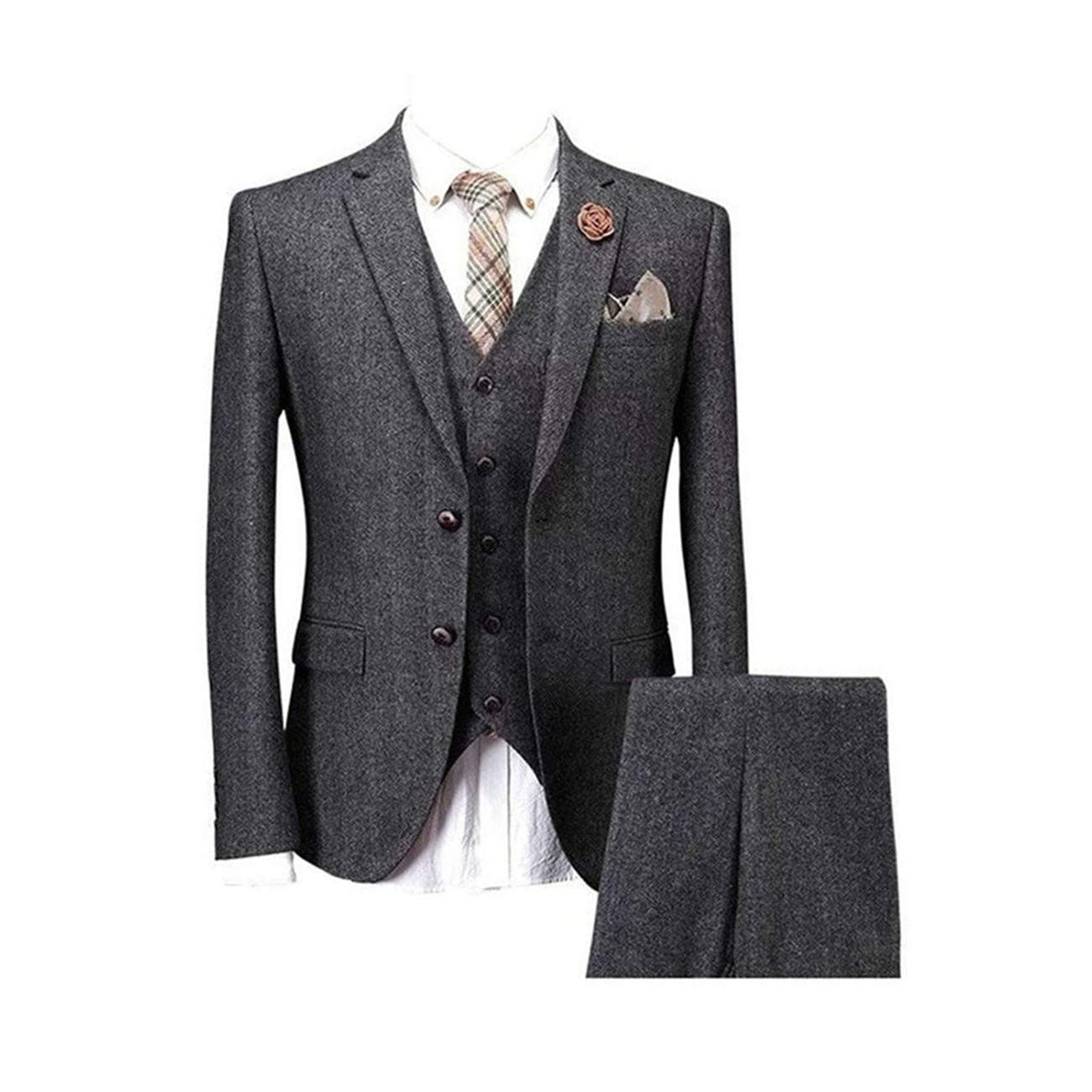 Solid Charcoal Classic Vintage Tweed Herringbone Wool Blend Tailored Men Suit 3 Pieces