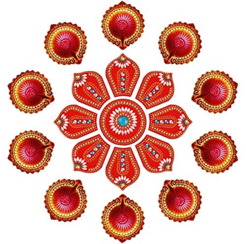 Ramya Exclusive Combo of Handcrafted Vibrant Rangoli with a Set of 10 Handpainted Clay Diyas/Oil Lamps - Ideal for Diwali/Christmas/Festival Decoration and Gifting (7282D)