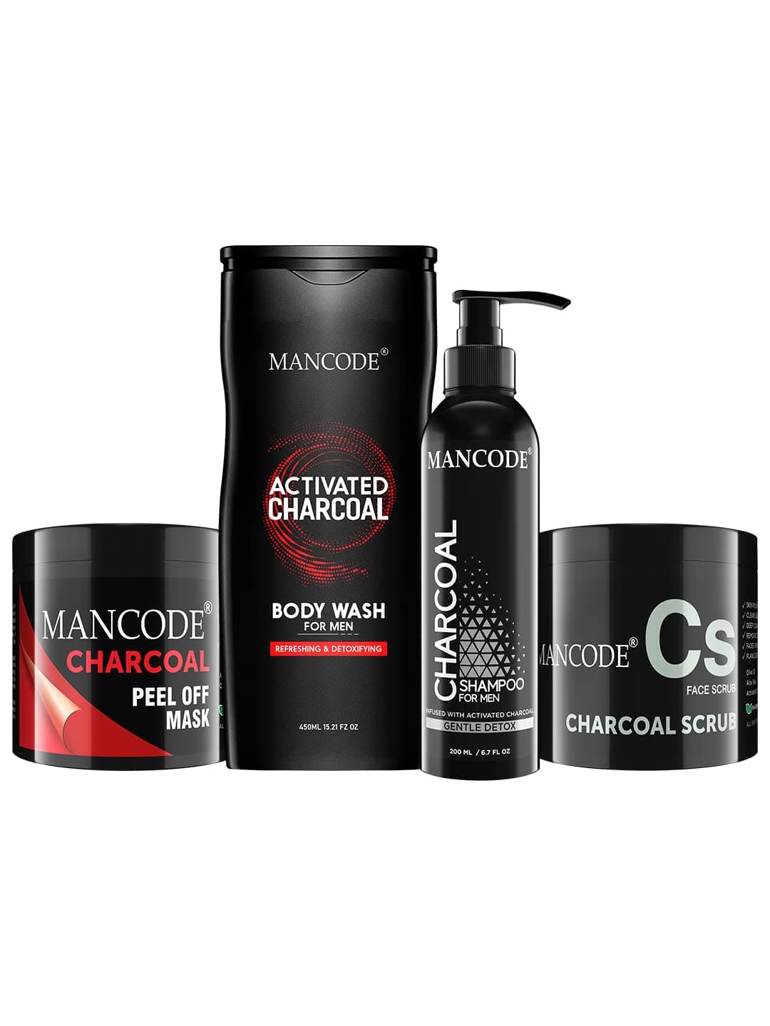 Mancode Charcoal Complete Body Care Kit - Charcoal Body Wash 450 ml | Shampoo 200 ml | Scrub 100 gm | Peel off Mask 100 gm |- for Men (Pack of 5)