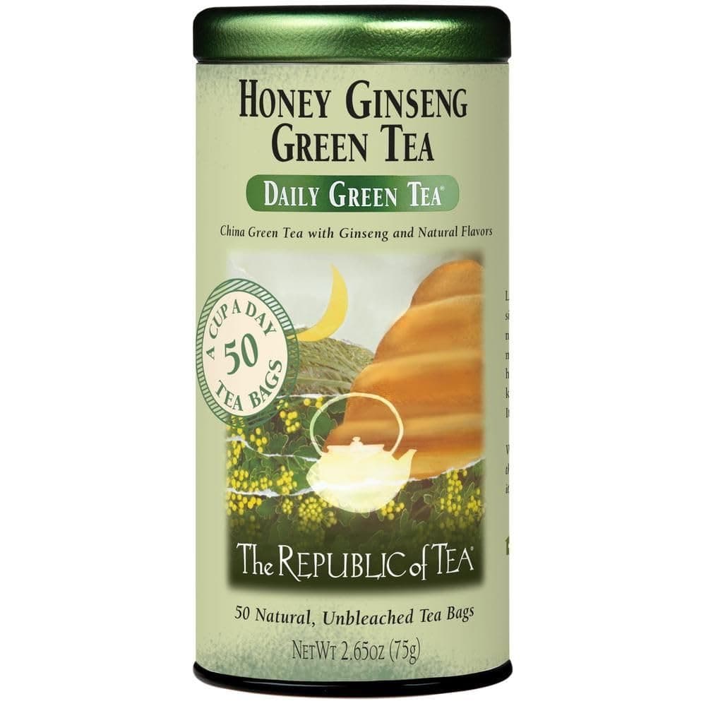 Honey Ginseng Green Tea, 50 Tea Bags, Tin | Flavored Gourmet Tea | Caffeinated