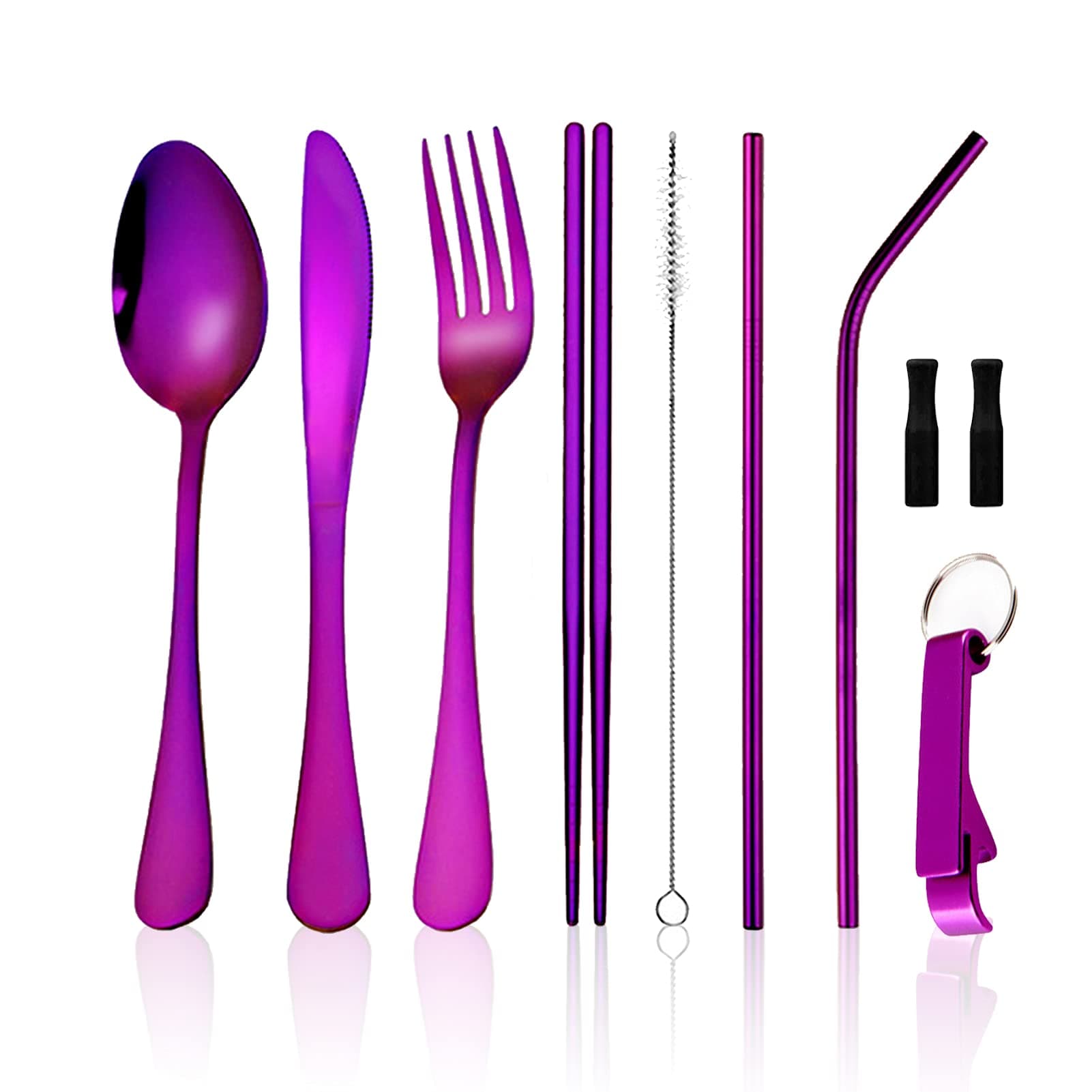 Moyad Travel Utensils for 1, Portable Camping Flatware Set with Case, Stainless Steel Silverware Set, Dishwasher Safe Flatware Cutlery Sets Include Mirror Polished Dinner Knife Fork Spoon (Purple)