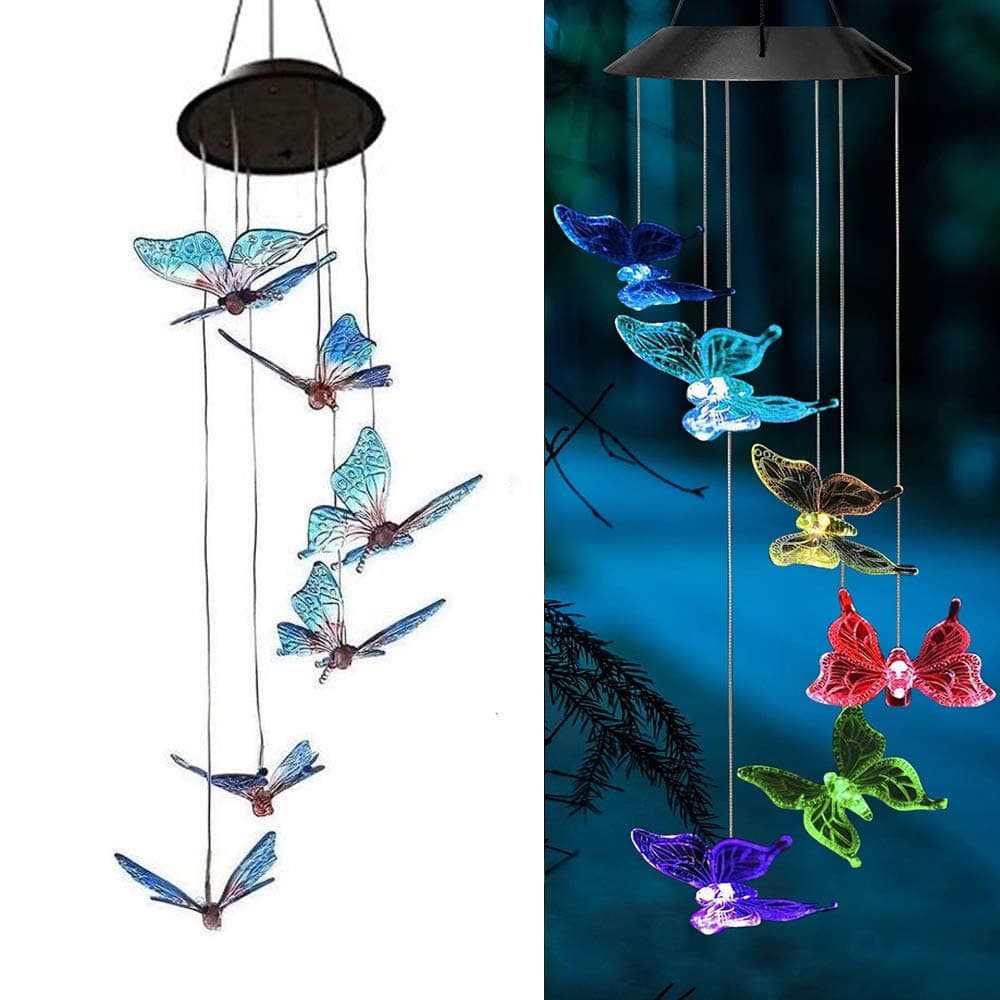 AVEKI Solar Wind Chimes Outdoor, Color-Changing Mobile Wind Chime Waterproof, Solar Powered LED Hanging Lamp for Outdoor Garden Festival Decoration (Butterfly) Wind Chimes