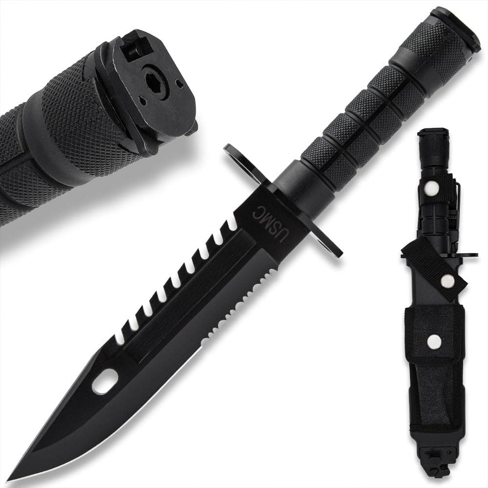USMC Fixed Blade M9 Knife and Sheath | Officially Licensed, 12" Stainless Steel Blade with Non-Reflective Finish | Sawback Spine | TPU Handle | Includes Nylon Sheath | Overall Length 12"