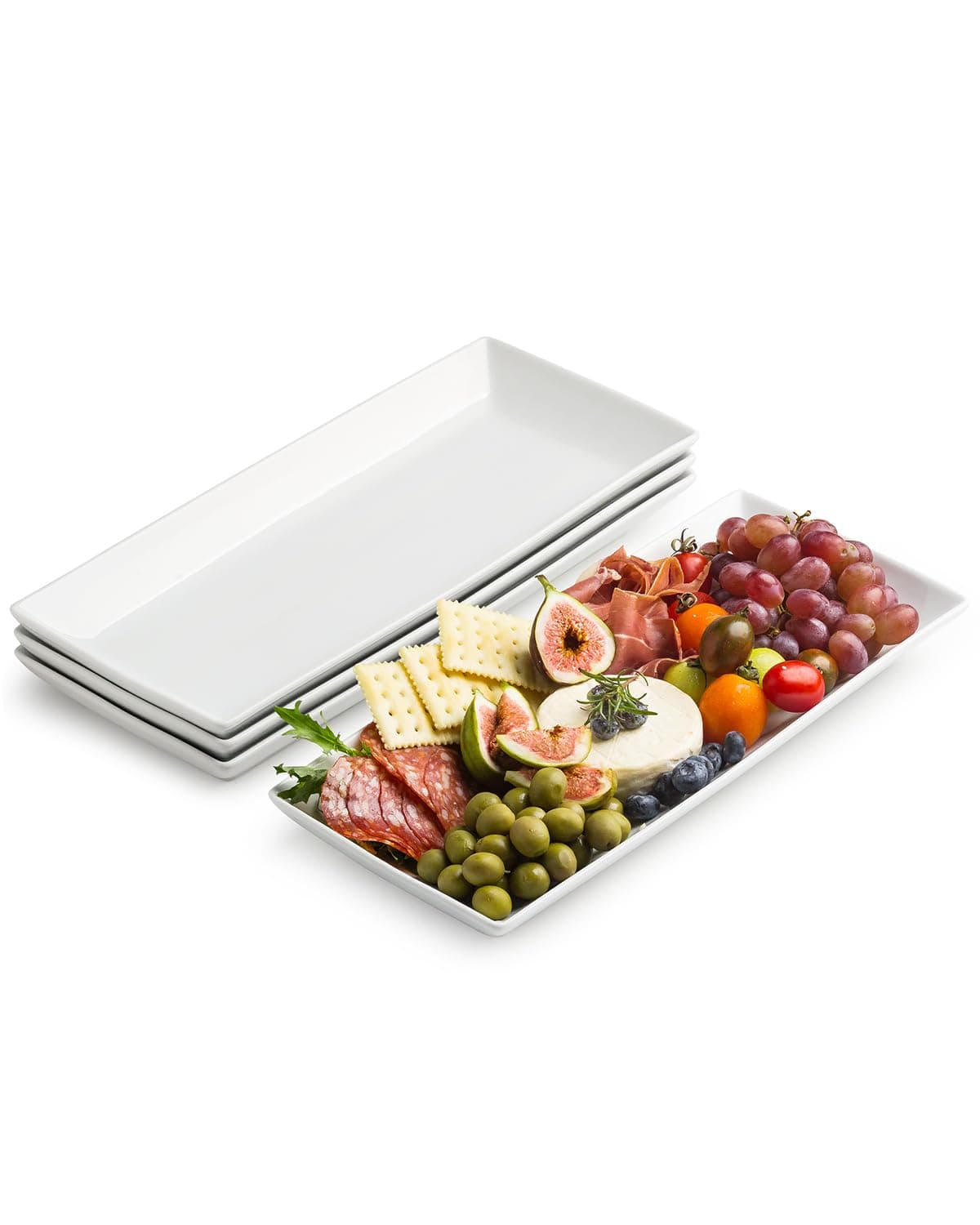 Serving Platters and Tray White Serving Dishes for Entertaining 14-inch Large Rectangle Plates for Thanksgiving Christmas, Porcelain Serving Trays for Steak, Taco, Sushi, Appetizer, Party, Set of 4