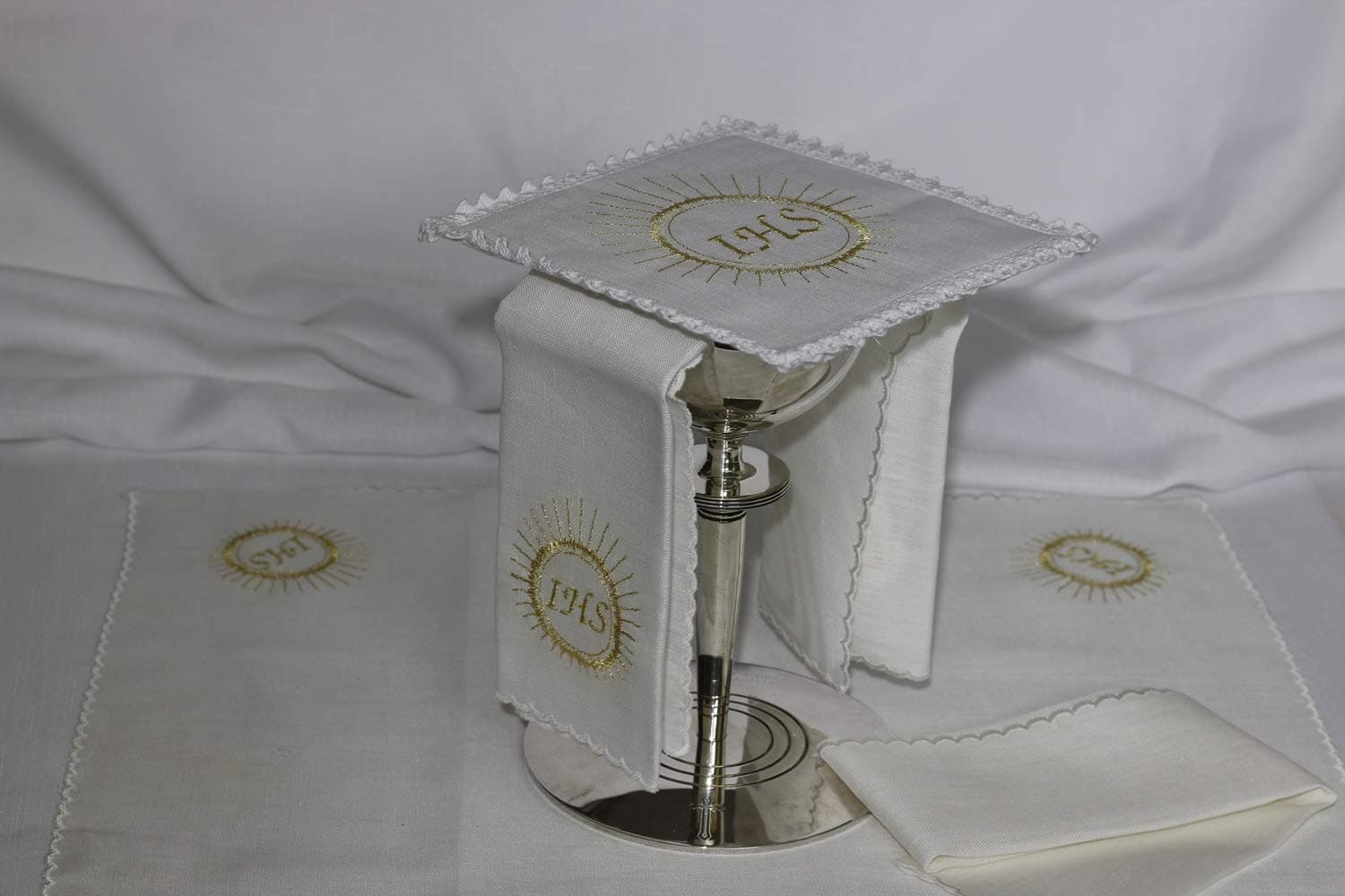 Altar Linens Set with IHS Monogram (Pall, Corporal, Purificator, Towel)