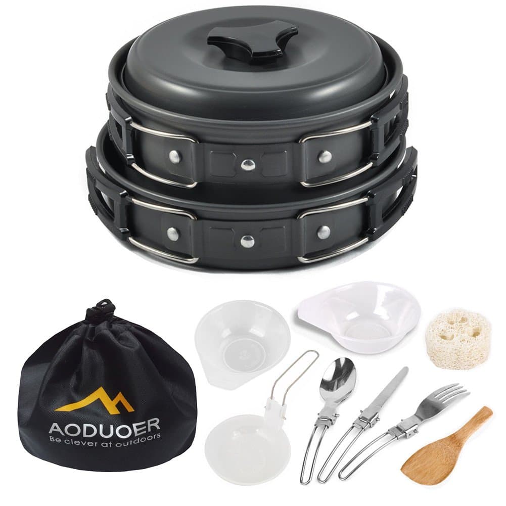 Aoduoer Camping Cookware Mess Kit Outdoor Cooking Equipment 13 Piece Cookset Camp Pot Pan Bowls - Free Folding Utensil Set, Mess Bag | Lightweight, Compact, Durable for Backpacking, Hiking and Picnic