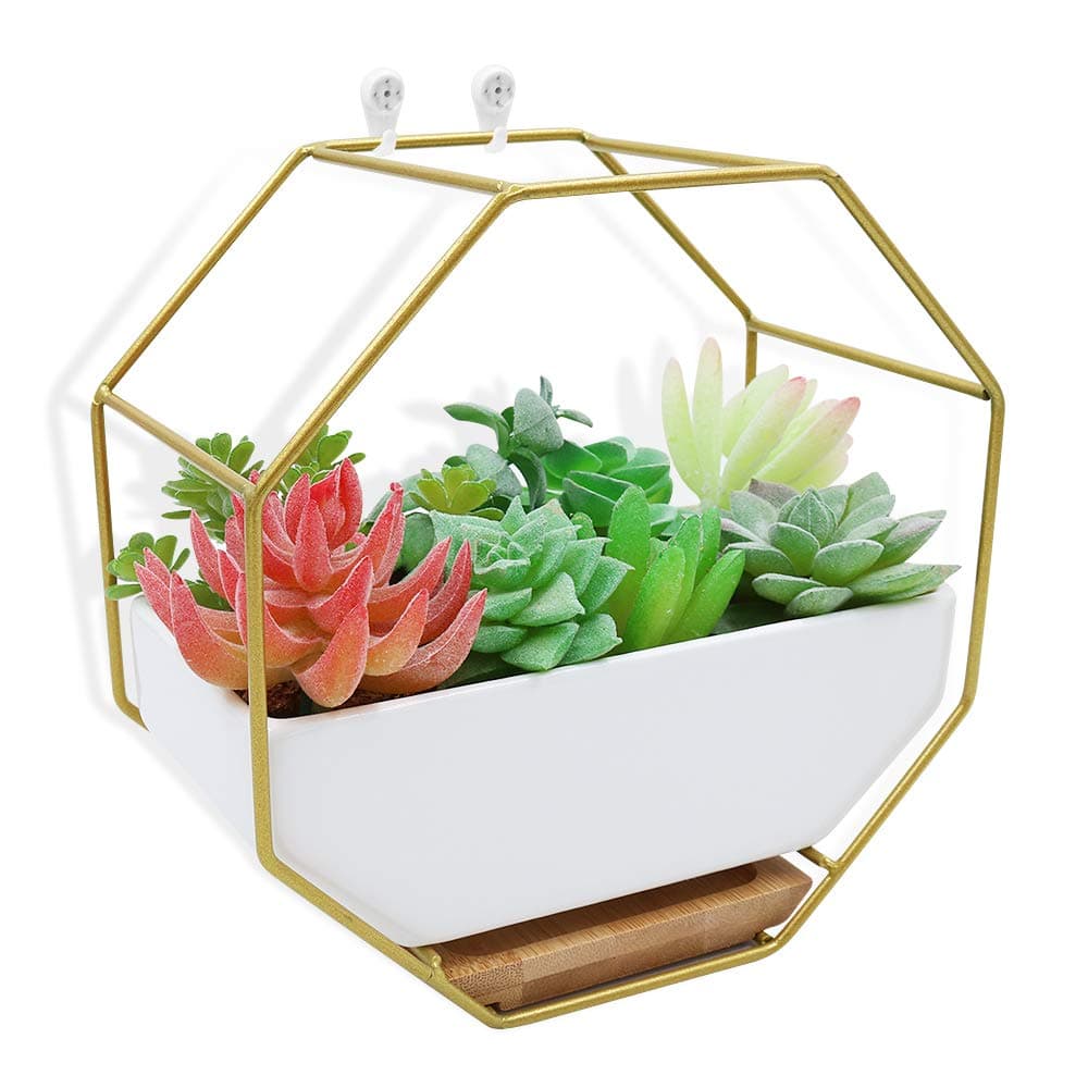 XiaZ Hanging Planter Wall White Hexagon Ceramic, Brass Stand and Bamboo Saucer, Succulent Air Plants Cactus Pearls Vase Holder Container, Flower/ Plants Pots for Indoor or Outdoor Decoration