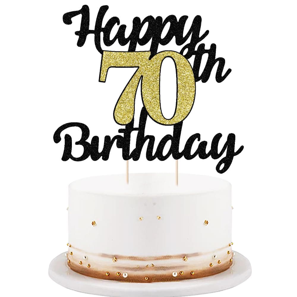 LVEUD happy birthday cake topper Black Font Golden Numbers 70th birthday happy Cake Topper -Birthday Party Decorations (70th)