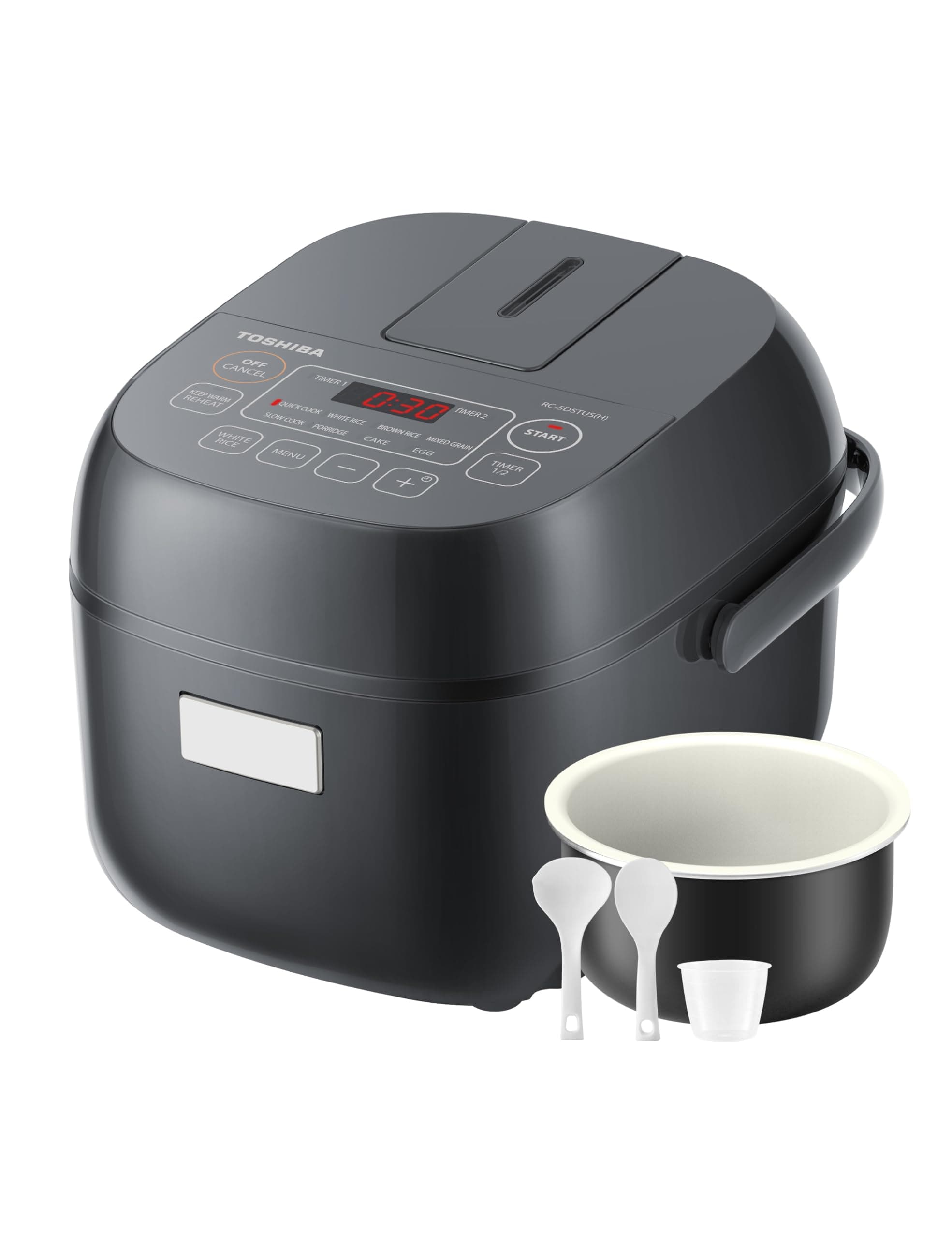 TOSHIBA 3-Cup Small Rice Cooker Uncooked LCD Display with 8 Cooking Functions: Rice, Oatmeal, Mixed Beans and More, Non-Stick Inner Pot, Gray