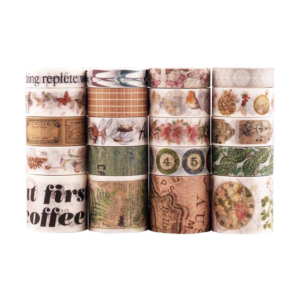 Dizdkizd20 Rolls Washi Tape Set, Vintage Masking Tape with 3 Sizes 10/15/30mm Wide, Nostalgic Style Decor Colorful Tapes for DIY Craft, Planners, Scrapbooking