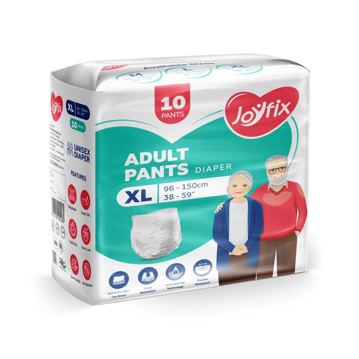 Unisex Adult Diapers|Pant Style|Waist Size 96-150 Cm (38"-59")|Extra Large|Odour Lock|Anti-Bacterial Absorbent|Xl (10 Pieces)