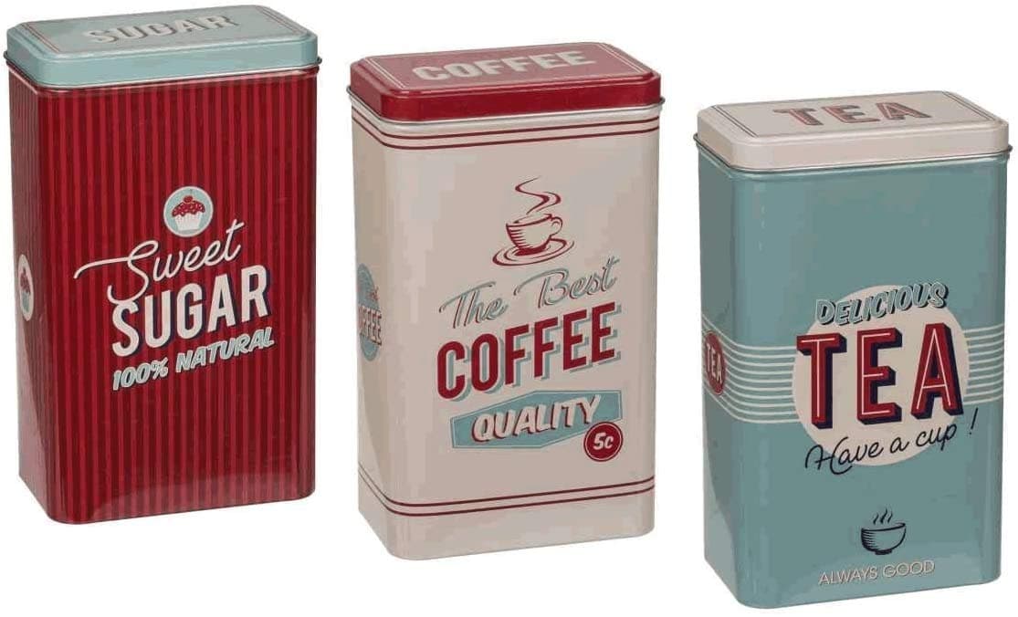 Retro Set of 3 Stainless Steel Tea Coffee Sugar Jar Canisters Kitchen Container Tins Storage Organiser Set Air Tight Vintage Design