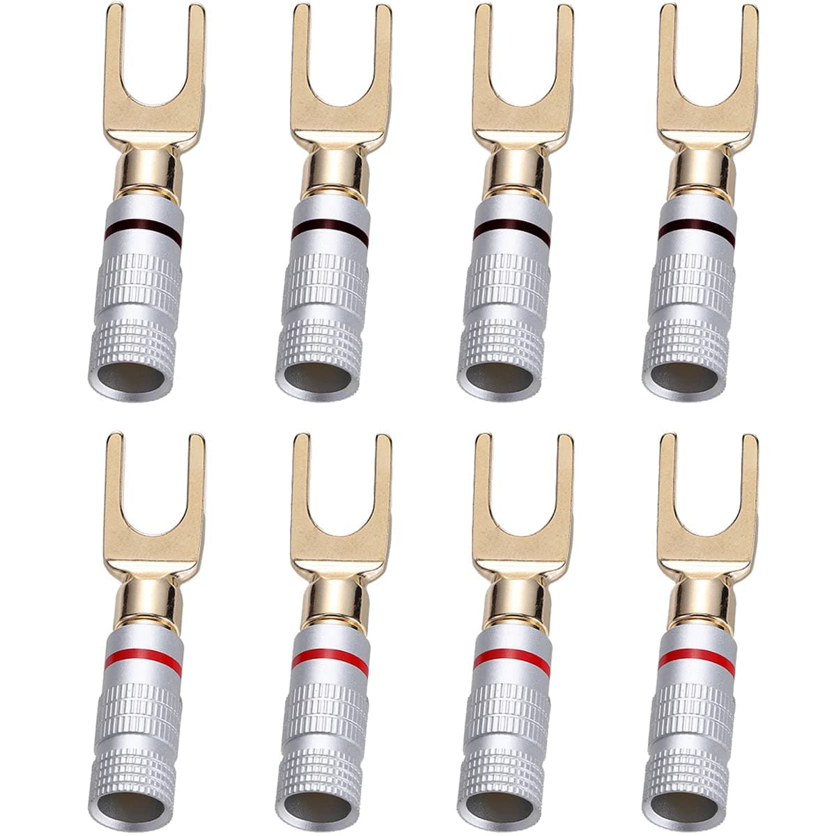 Greluma 8 Pcs 24K Gold Y Plug U fork Banana Plug 45 Degree Screw Spade Connector for Speaker Wire DIY, Corrosion-Resistant, 4 Black and 4 Red