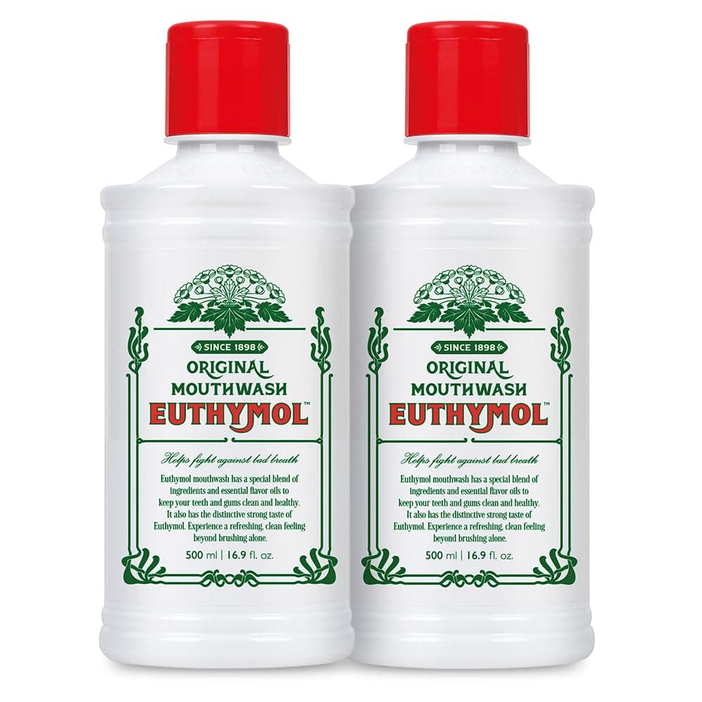 Euthymol Mouthwash Original 500ml x 2, Flouride Free Alcohol-Free, Distinctive Strong Taste Flavour, Reduce Plaque Gingival Clean Healty Teeth Gums, Freshens Breath Refreshing Daily Oral Dental Care