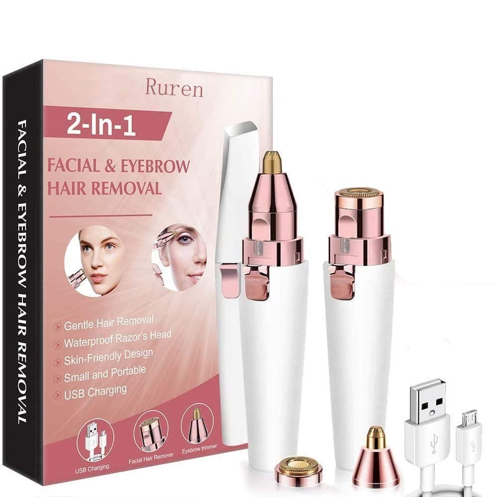 Facial Hair Remover & Eyebrow Trimmer, Ruren 2 in 1 USB Charging Eyebrow Razor Hair Removal for Women use on Eyebrow, Upper and Lower Lip, Nose, Cheeks, Chin, Neck and Bikini