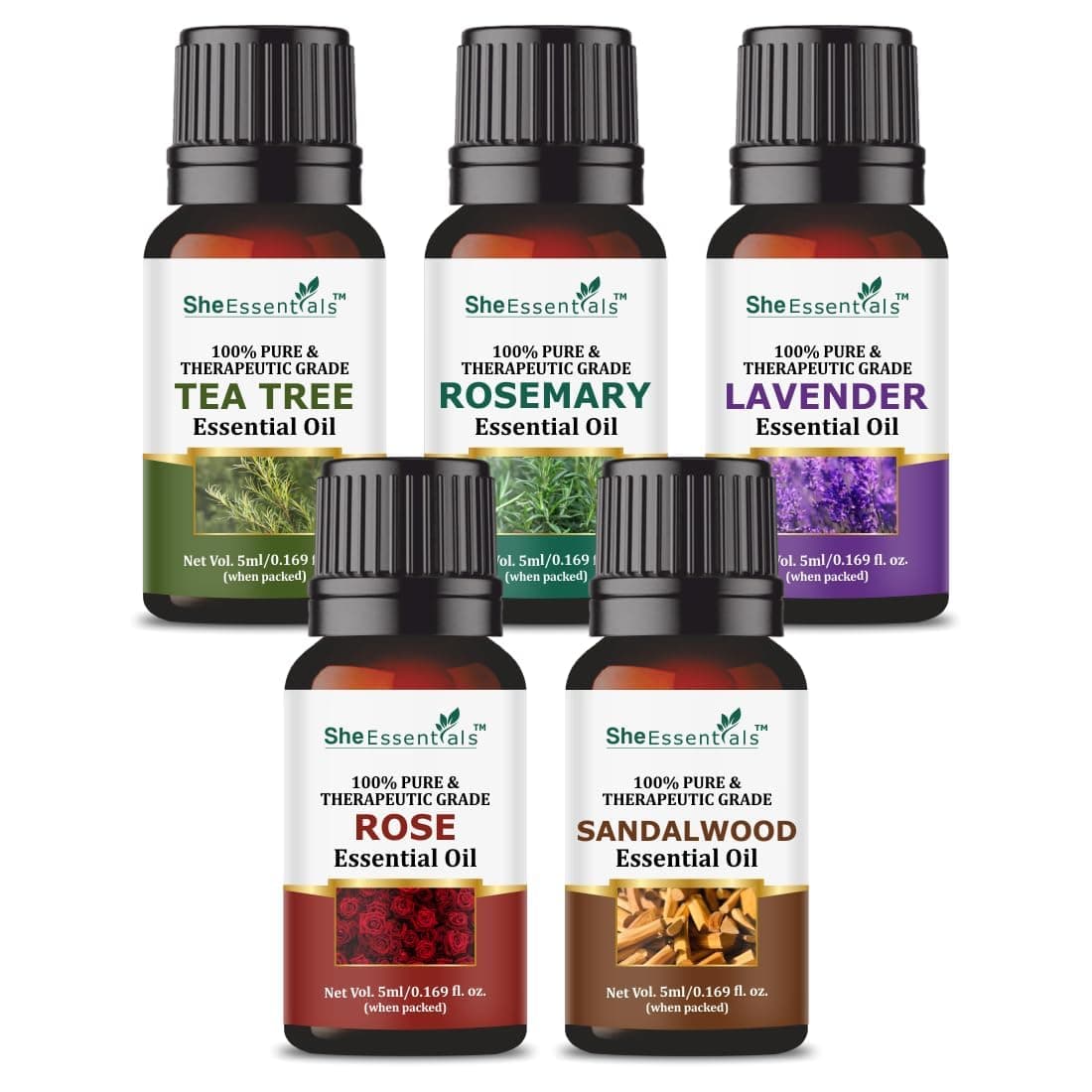 Tea Tree, Rosemary, Lavender, Rose & Sandalwood Essential Oils | For Skin, Face, Hair & Aromatherapy | Reduces Acne, Wrinkles & Promotes Hair Growth | Suitable for Women & Men - 5x5ml
