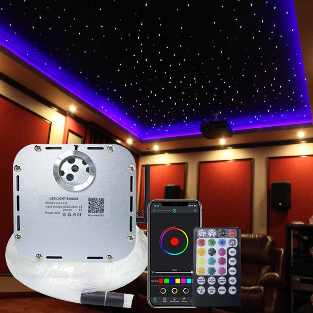 32W Twinkle APP Sound Activated RGBW Fiber Optic Star Ceiling Light Kit for Home and Media Movie Room Decor, Bluetooth Light Engine+Remote Control+Cable 1000pcs*0.75mm*16.4ft/5m