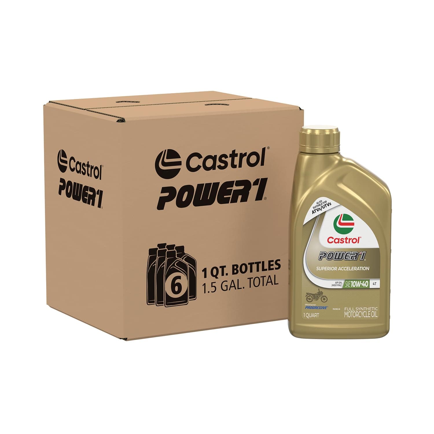 (カストロール) Castrol 06112 パワー 1 4T 10W-40 合成オートバイオイル、1クォートボトル、6本パック