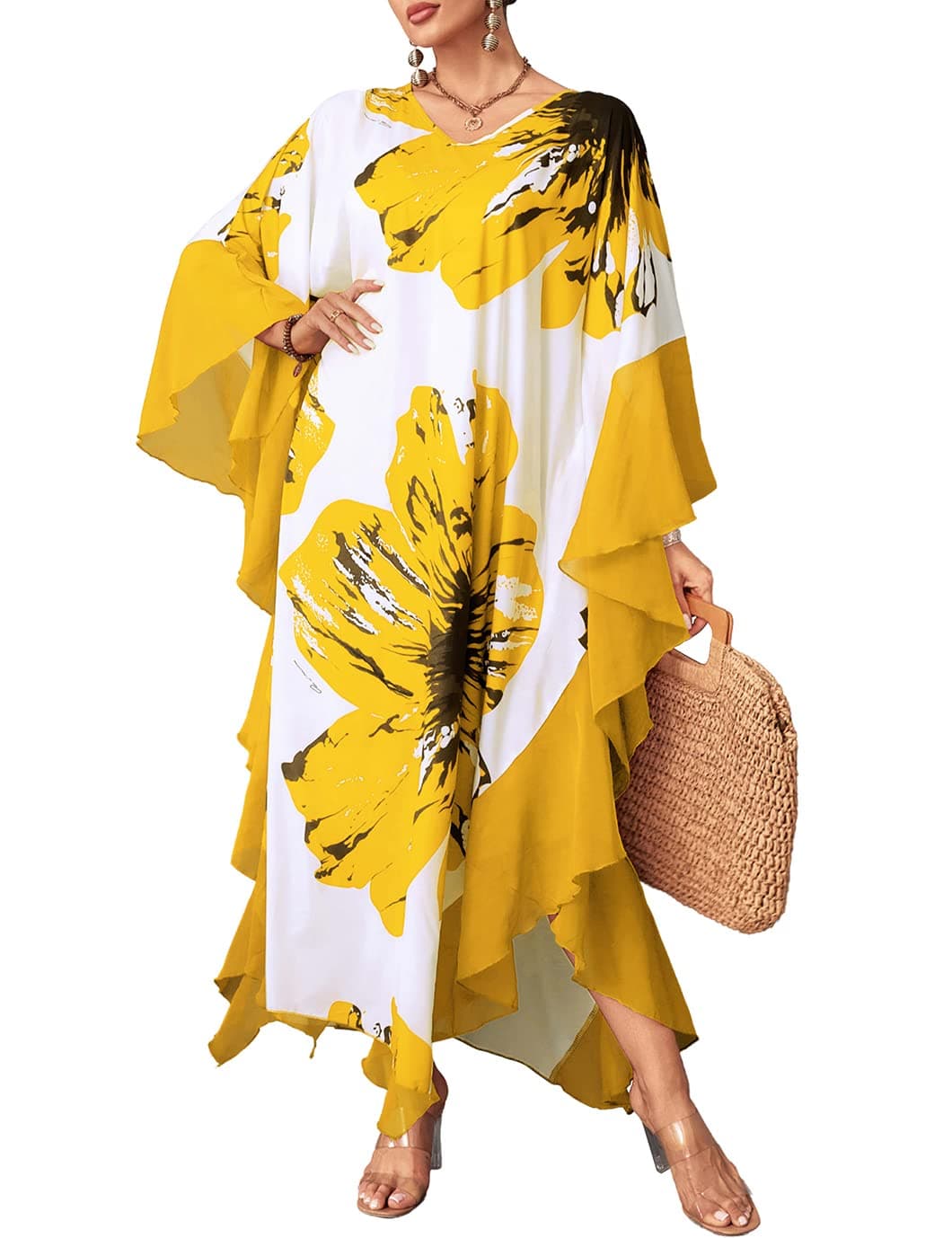 Eddoyee Kaftan Dresses for Women Chiffon Caftan Swimwear Cover Ups Plus Size Long Beach Coverup Yellow