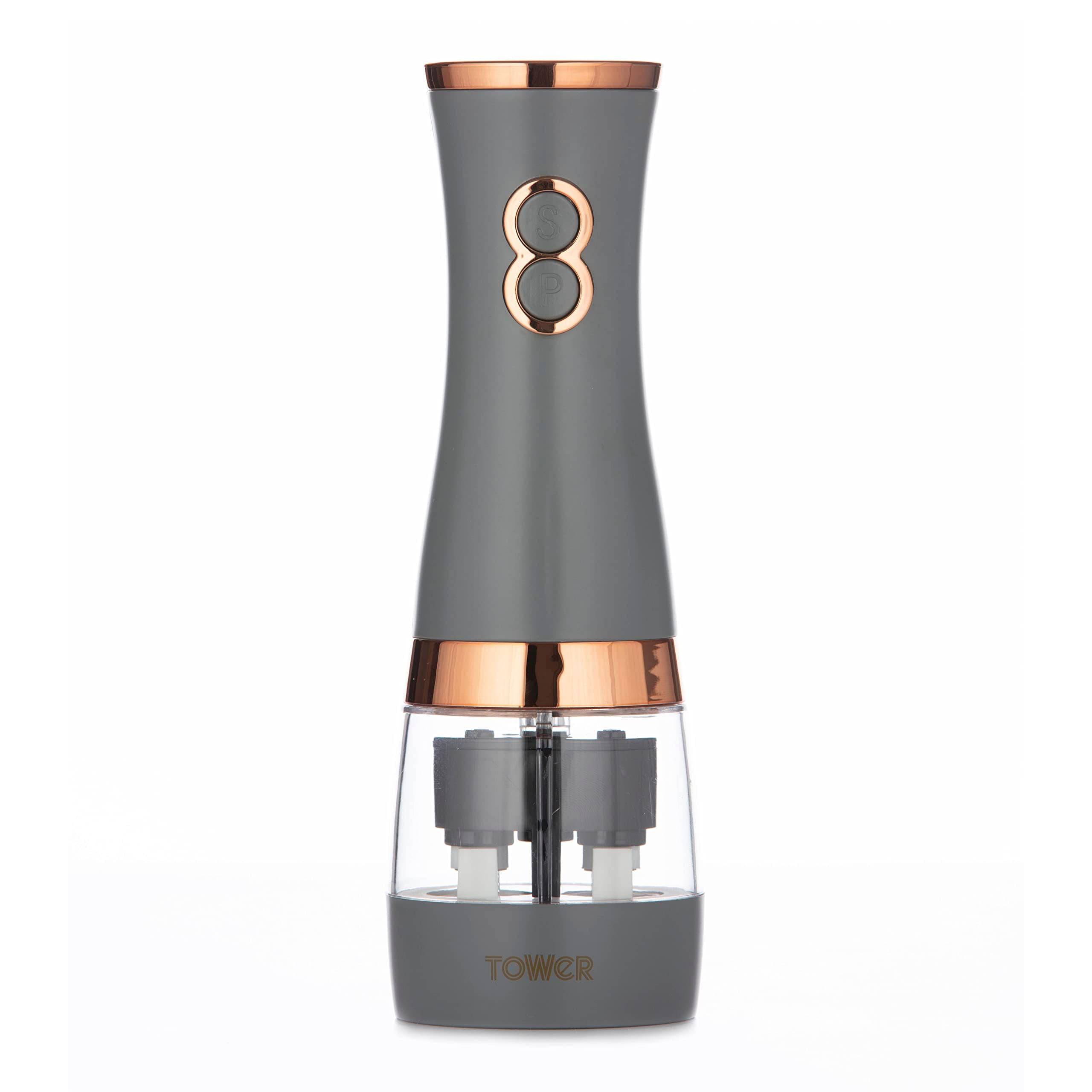 Tower T847004GRY Electric Salt and Pepper Mills, Battery Operated with Adjustable Ceramic Grinders, Grey and Rose Gold