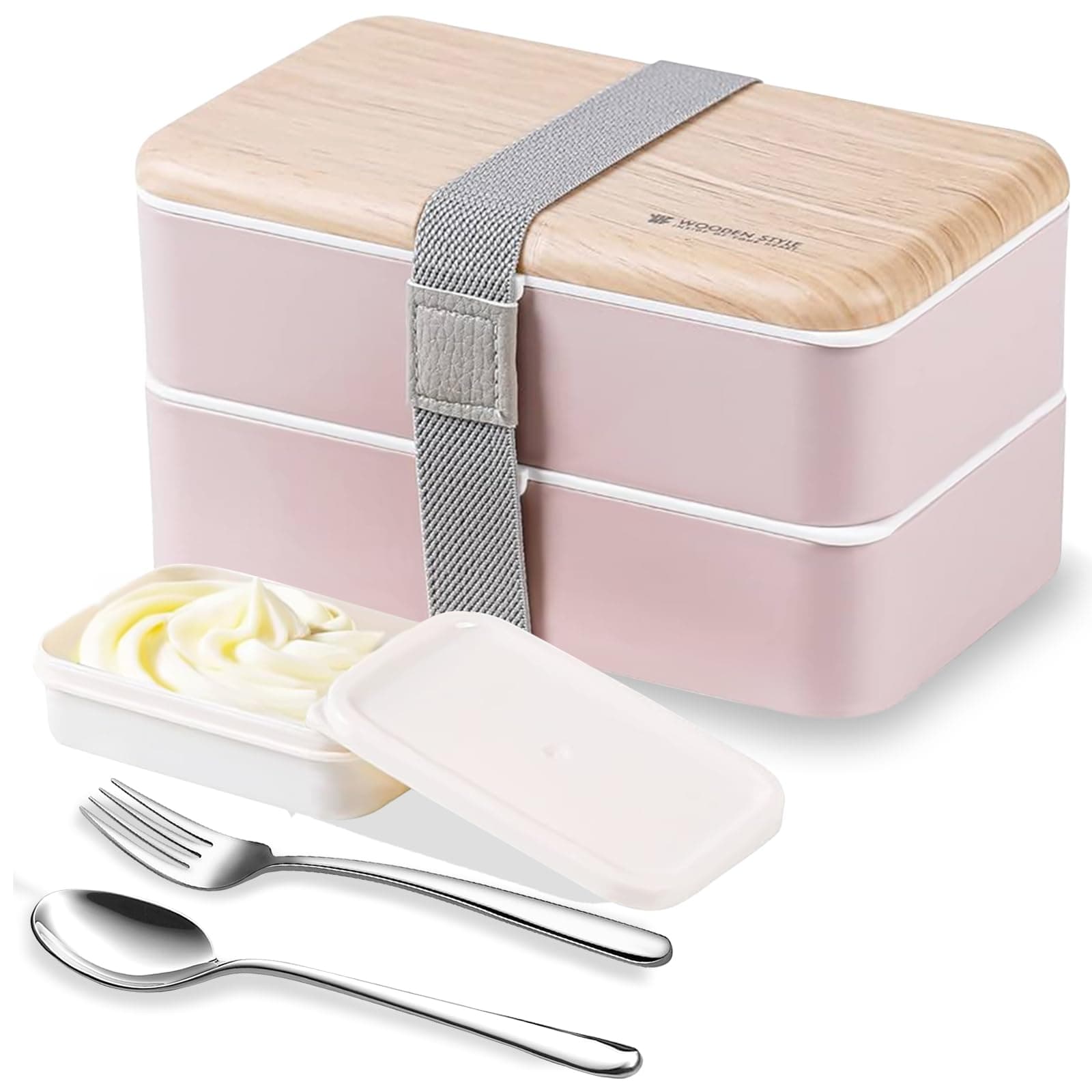 Original Bento Lunch Box Lunch Box Container Bundle Divider Japanese Style Leakproof Stainless Steel Cookware Spoon and Fork Bamboo Black (Pink)