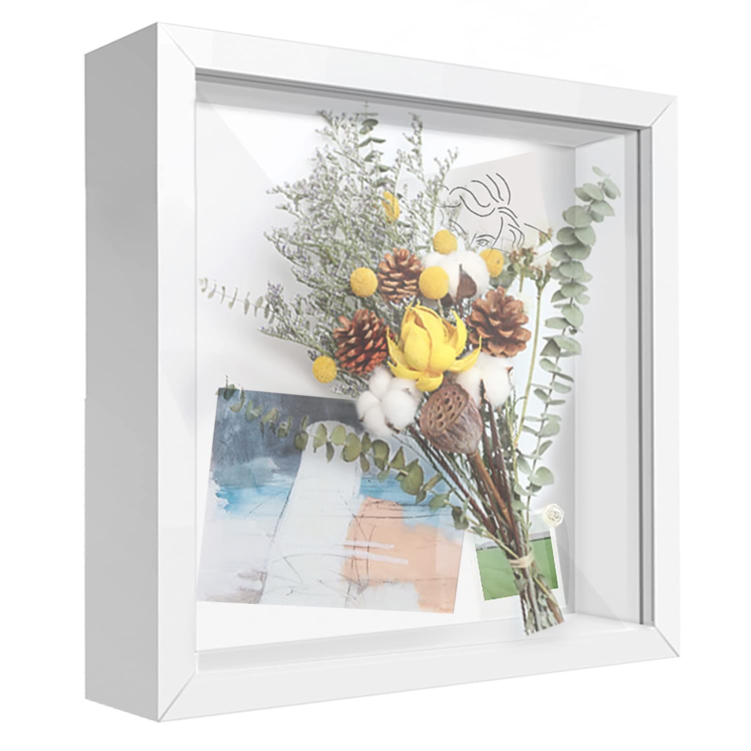 8x8 Shadow Box Frame Display Case with Letter Stickers, 3D Picture Frame, Display Case Box for Memorabilia, Baby Items, Wedding Memories, Crafts, Tickets and Photos (White, 8x8)