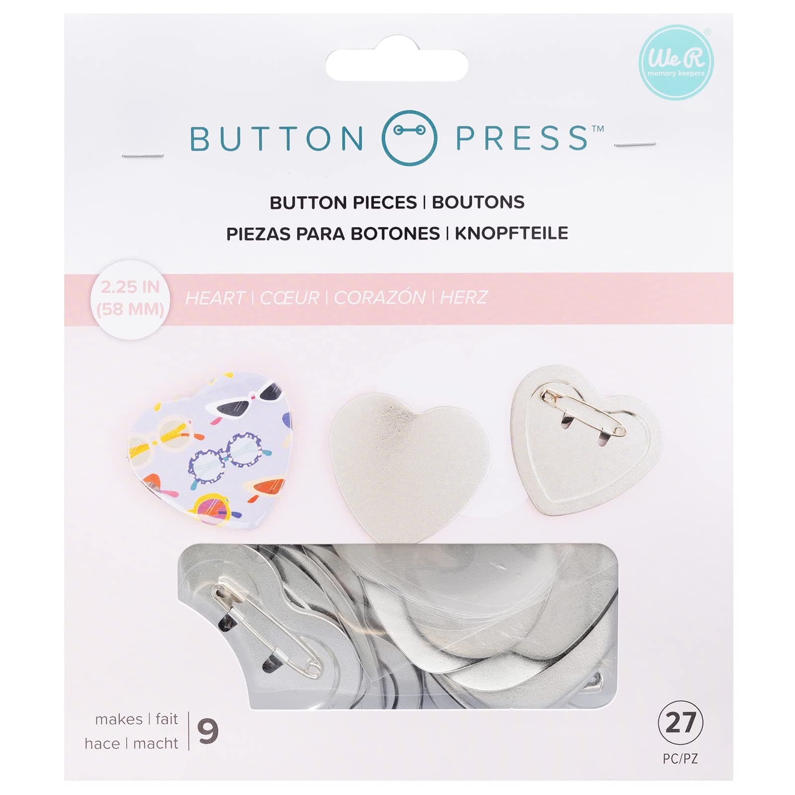 Button Press Refill Pack Heart, Includes Materiels for 9 Heart Buttons 58mm (27 Pieces Total) Create DIY Custom Buttons for Backpacks, Purses, Bags, Pins, Badges, and Keychains