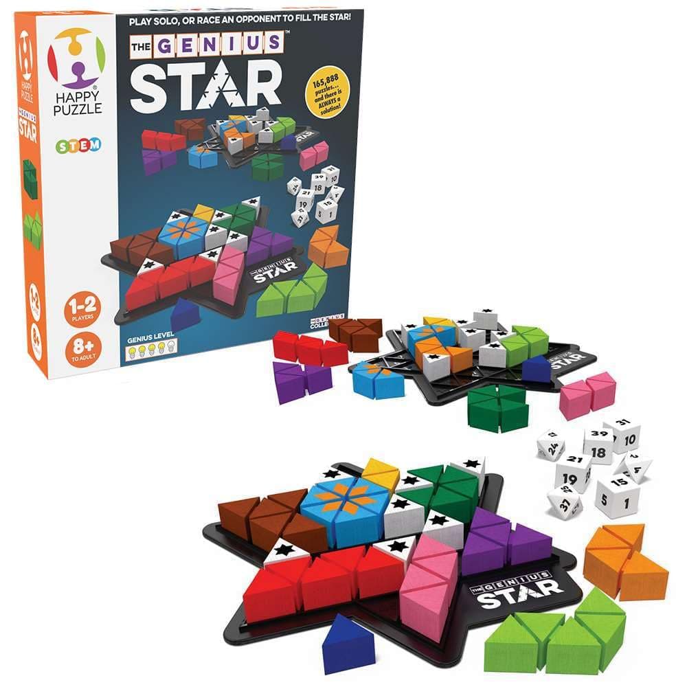 The Happy Puzzle Company Genius Star - Toy of Year Award Winning Family Board Game. 165,888 Possible by Filling in Colored Shapes with Blockers to Complete A Star! Golden Star Twist!
