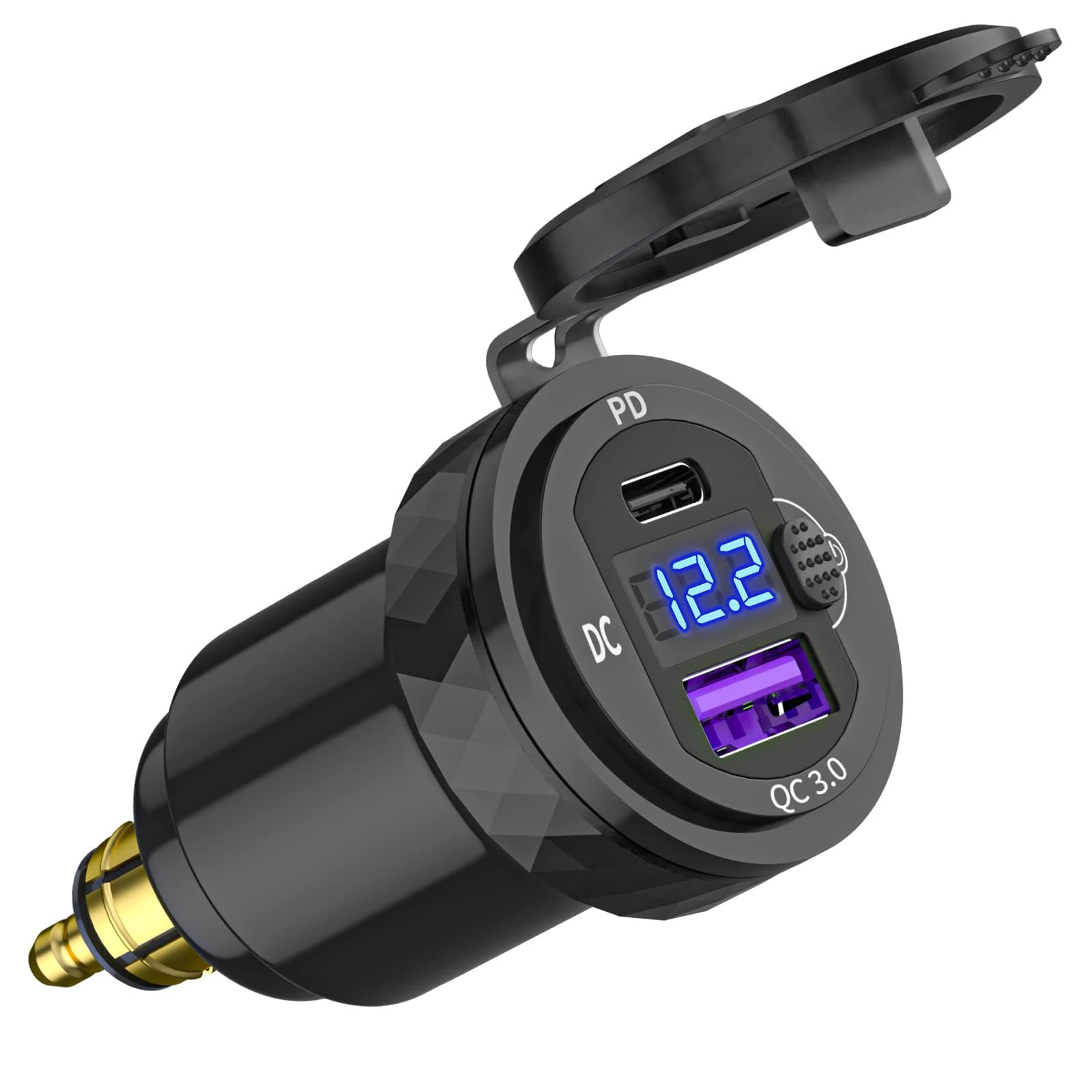 Cllena DIN Hella Plug to USB C PD 3.0 & QC 3.0 USB Charger Socket Power Adapter with Voltmeter and ON-Off Switch for BMW Ducati Triumph Motorcycle