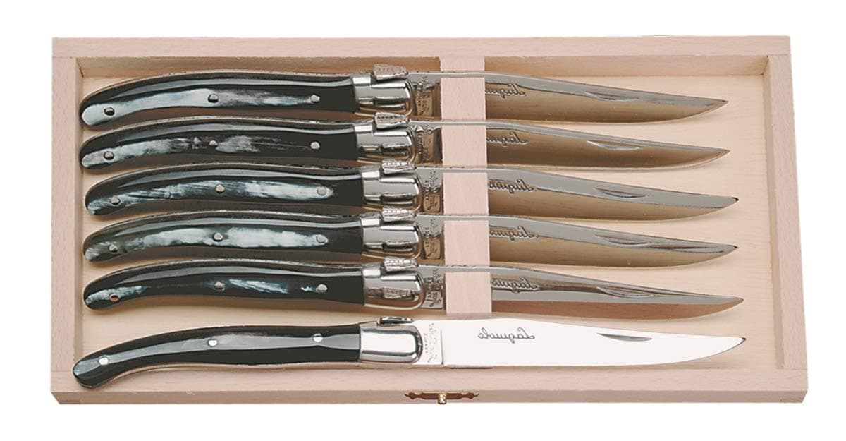 (D) French Hand Made 6 Steak Cutlery in Box, Vintage (Horn Handles)