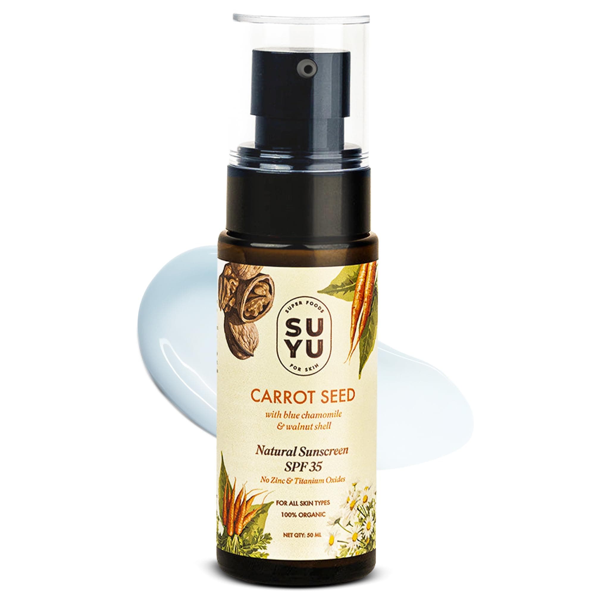 SUYU Natural Suncreen SPF 35 | Lightweight, Non Sticky & No White Cast | Sunscreen For Oily,Dry and All Skin Type | Organic Carrot Seeds,Blue Chamomile To Enhance Glow | Sunscreen For Women & Men-50ml