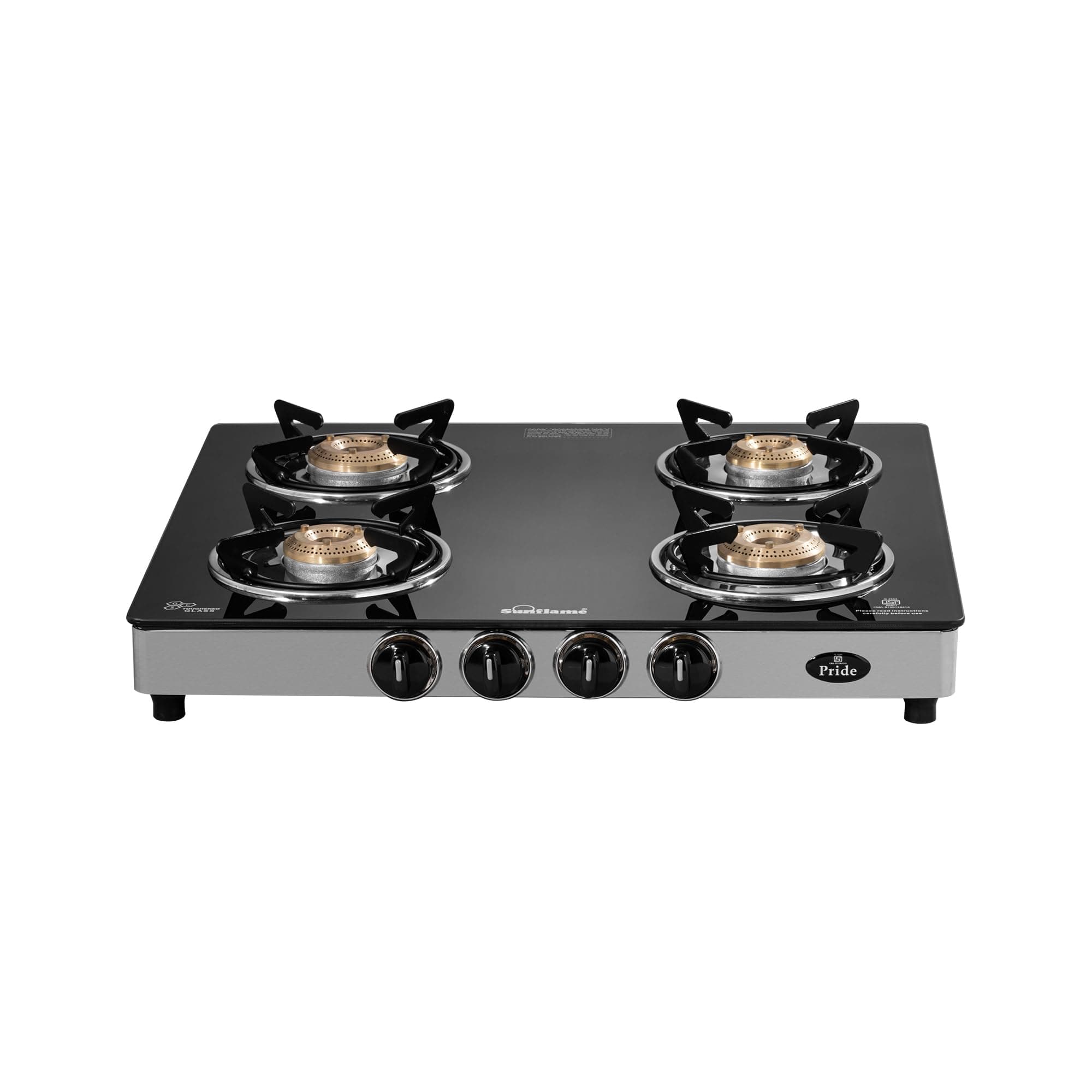 Sunflame Pride Gas Stove 4 Burner, 2 Medium and 2 Small Brass Burners, 2 Year Product Coverage by Sunflame, Ergonomic Buttons, Easy Care, Glass Top