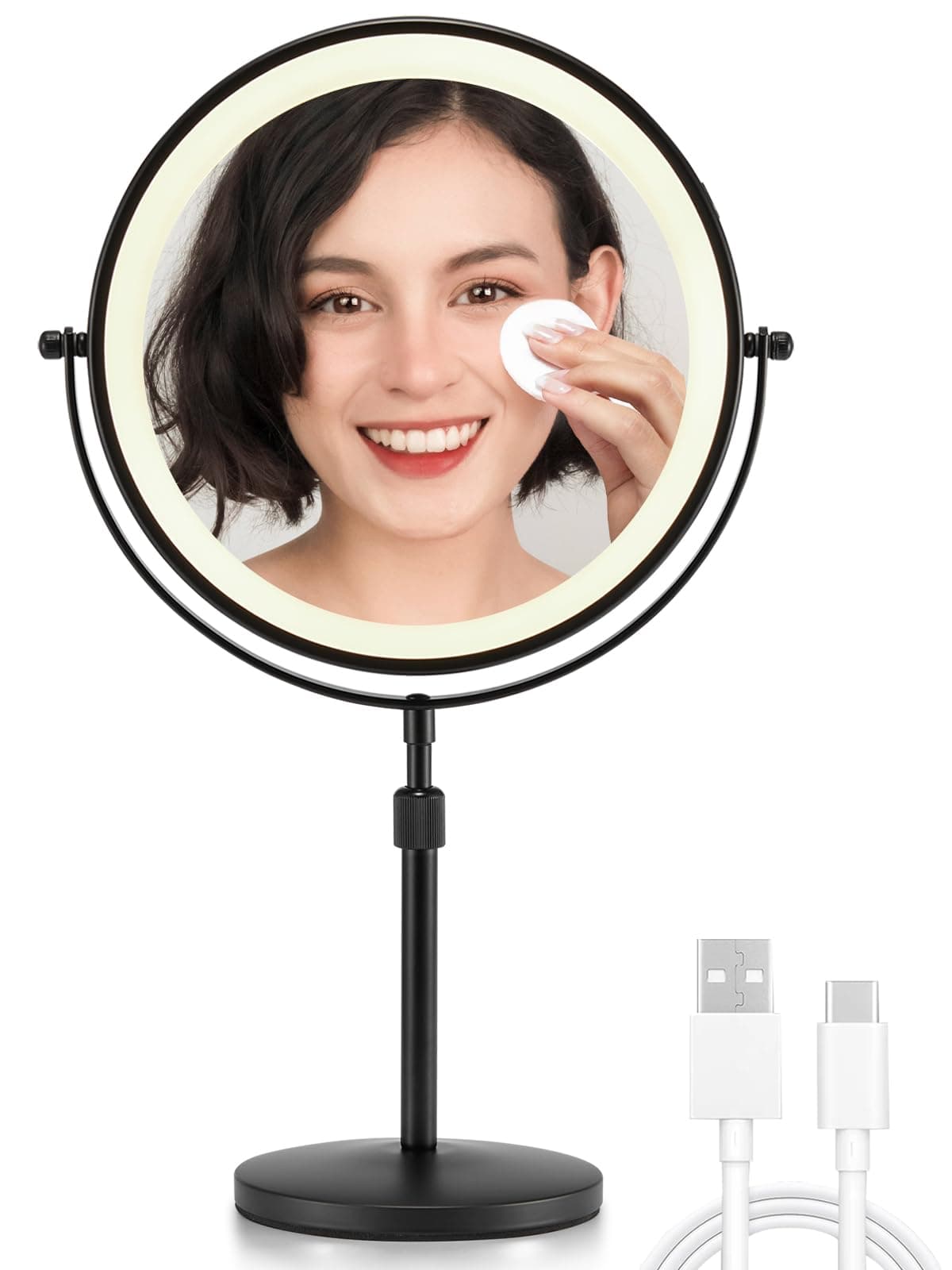 3X/10X Magnifying Makeup Mirror with Lights, 8.5 Inches Double Sided Swivel-Free Vanity Mirror with Height-Adjustable Stand. (Black)