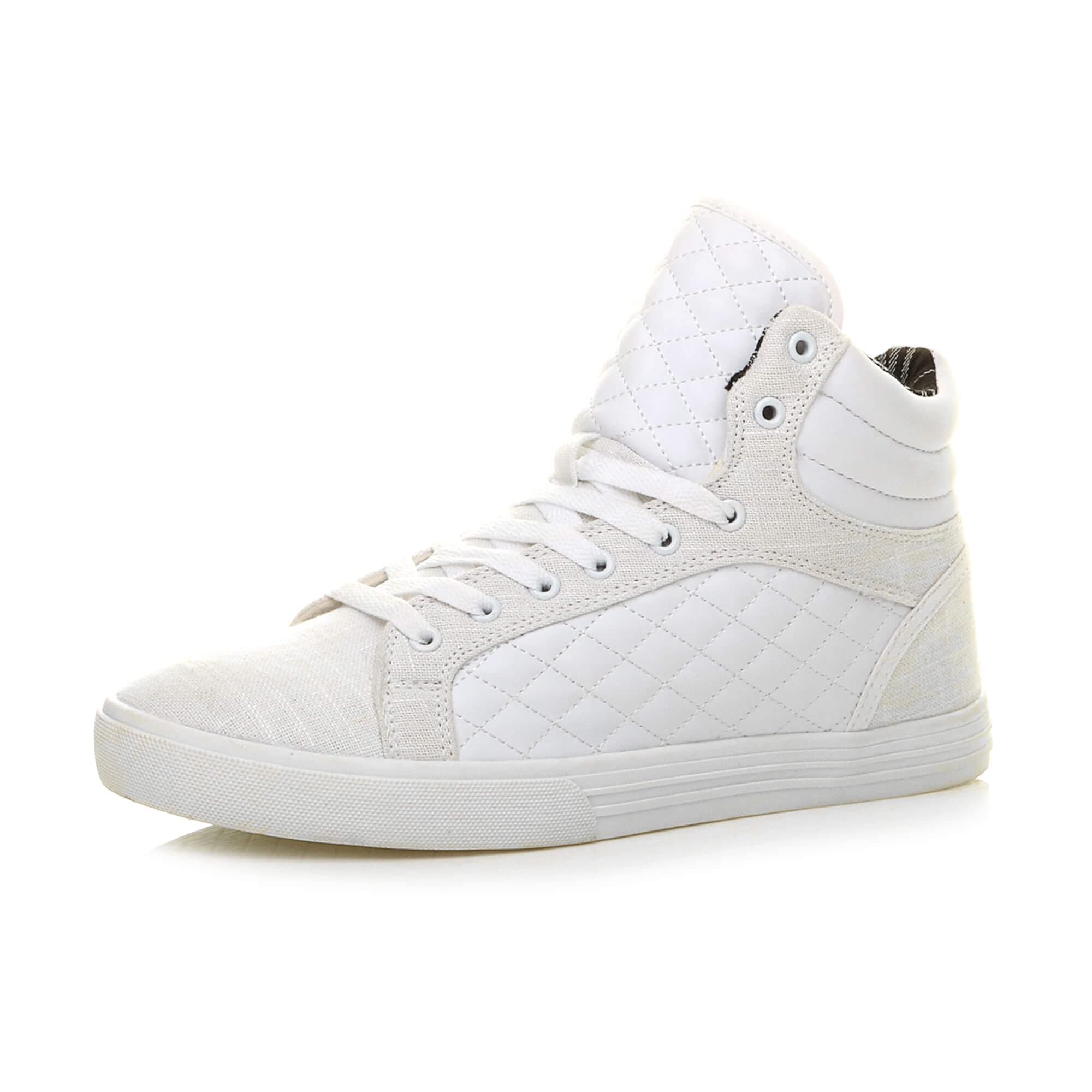 AJVANIMens Flat lace up Quilted Casual hi high top Ankle Trainer Boots, 11 UK, White