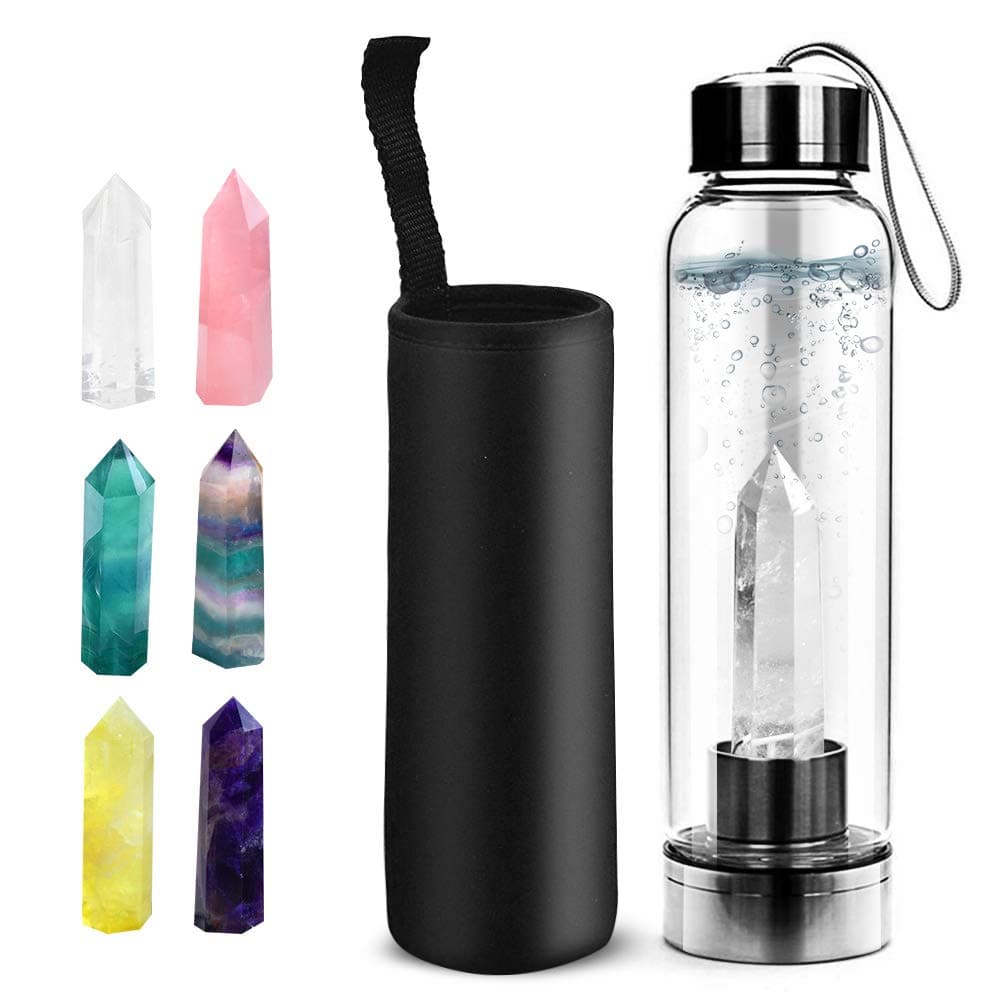 Crystal Glass Water Bottle, Includes Protective Sleeve and Removable Crystal Quartz, Healing Natural Quartz Water Bottle BPA and BPS Free Durable, Portable Leak Proof Gemstone Bottle 550ml