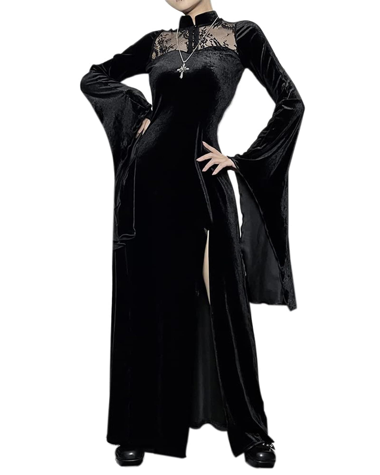 YAOHUOLEHalloween Costumes for Women Gothic Dress Slim Fit Vampire Costumes Sexy Slits Lace Stitching Bell Sleeves