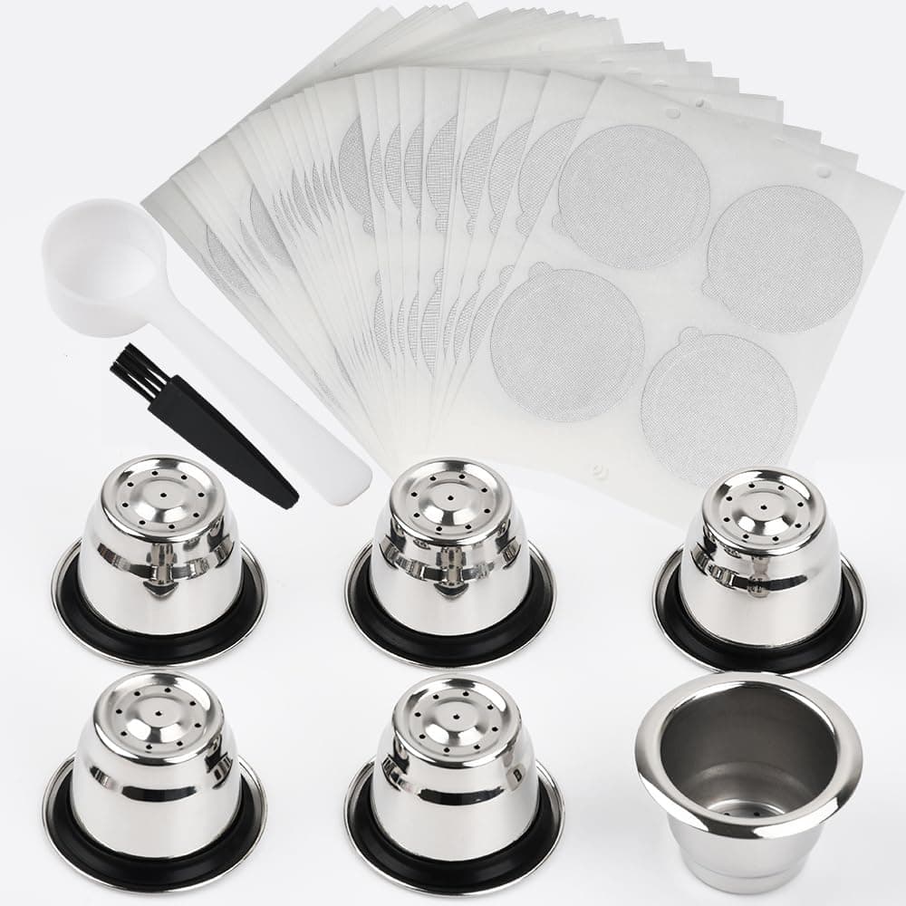Reusable Capsules for Nespresso OriginalLine, 6pcs Refillable Espresso Pods Stainless Steel Coffee Pods Compatible for Nespresso Original Line Machines (6 Cpus + 200 Lids)