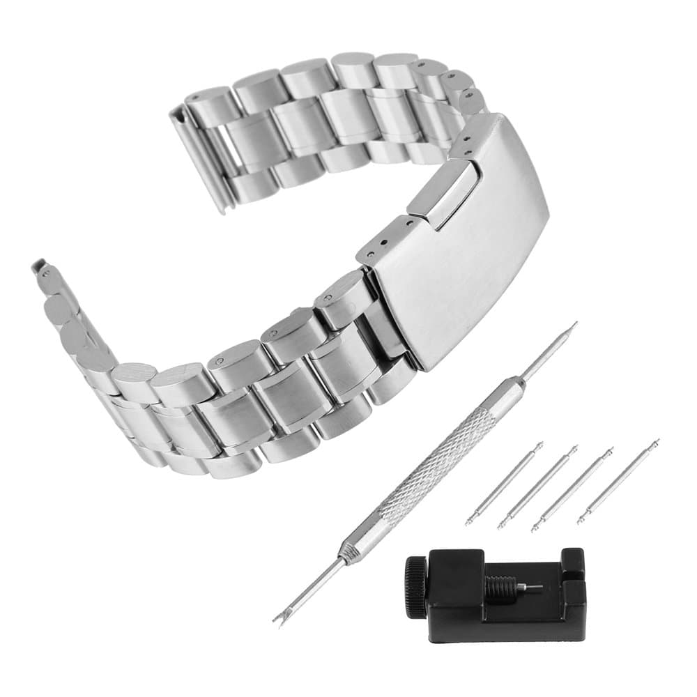 Solid Stainless Steel Bracelet Watch Band Strap Single-Locking Fold-Over Clasp Polished Metal Silver(Repair Tool Included) (20mm Band Width)