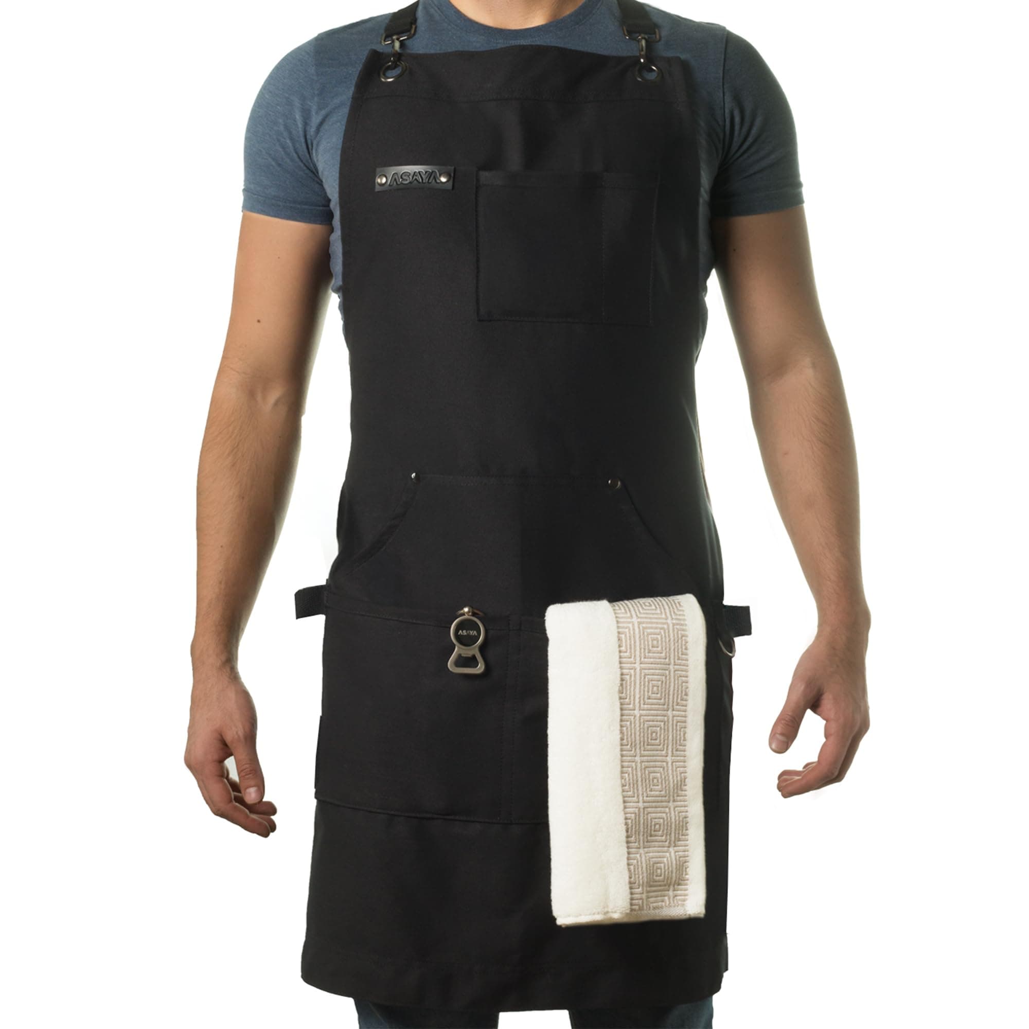Asaya Chef Apron for Men and Women + Hand Towel and Bottle Opener - 10oz Canvas