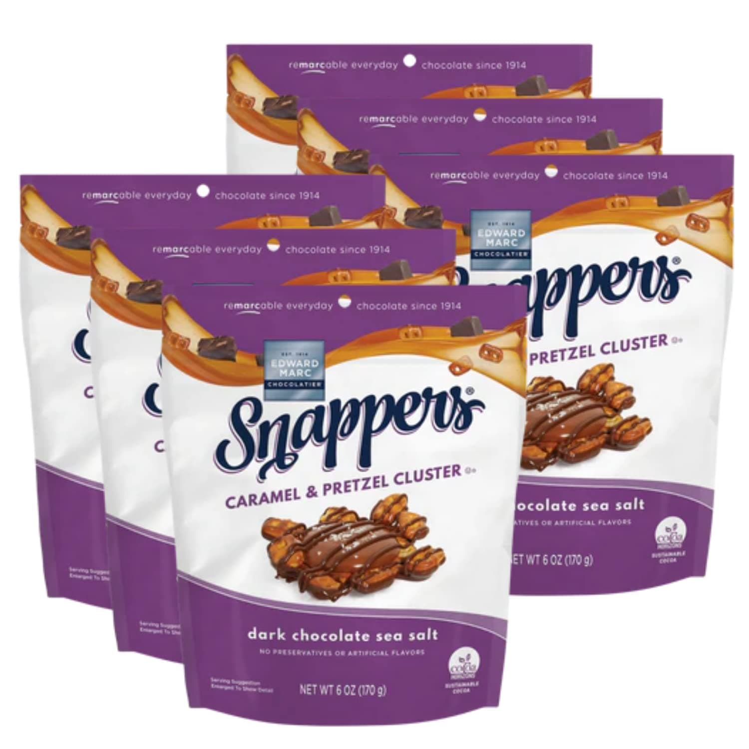 Edward Marc Snappers Sweet Caramel & Pretzels Cluster - Crunchy Pretzel Snack With Dark Chocolate & Sea Salt For Adults And Kids - 6 oz (pack of 6)