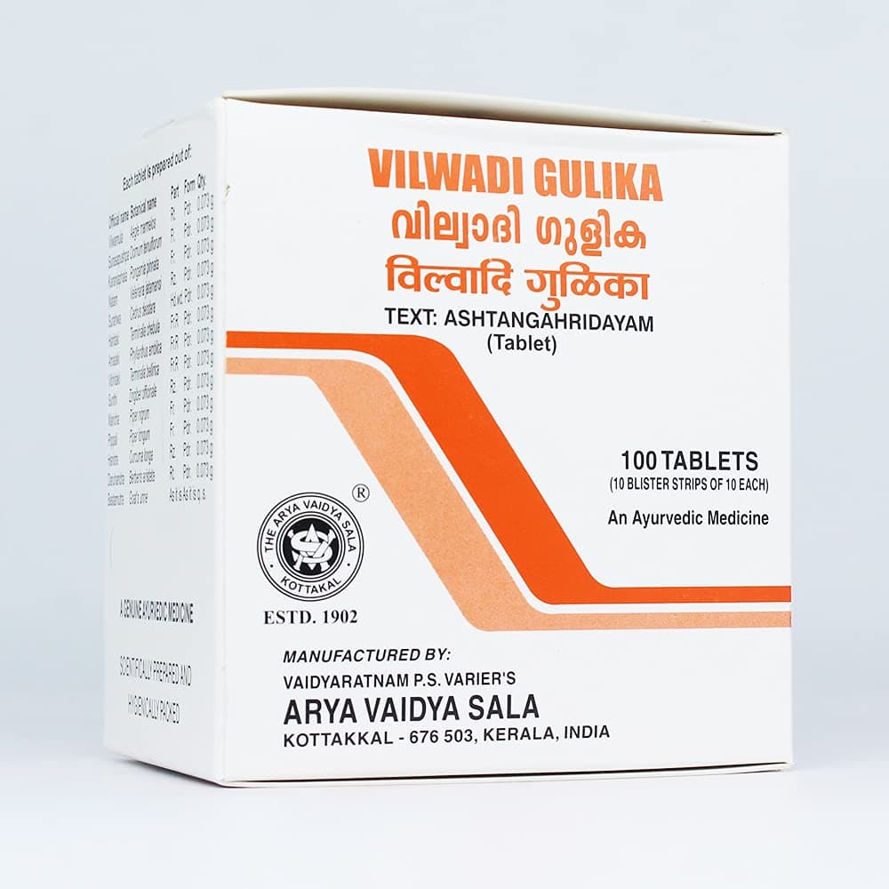 Vilwadi Gulika-100 Tablets, (Pack Of 1), Of Arya Vaidya Sala Kottakkal and get Golden Oldie Herbs®, Sukanthi Pills-1gm