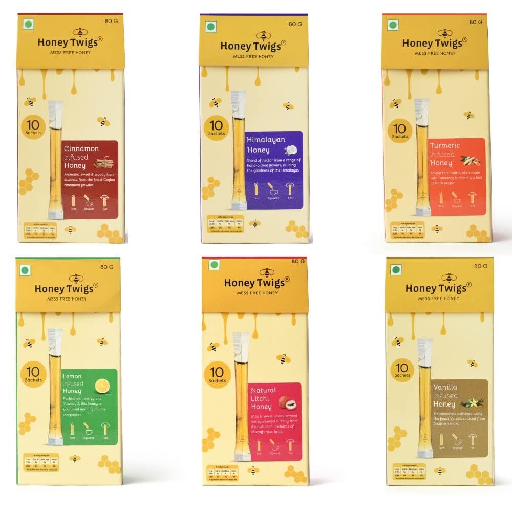 - Honey Twigs Honey, Himalayan Multi Floral , Litchi , Cinnamon Honey, Lemon , Turmeric and Vanilla Combo, 480g (80g x 6 Packs - 60 Sachets) | Healhty Traceable Source | Zero Additives | Zero Added Sugar | For Enhanced Immunity for an Active Lifestyle