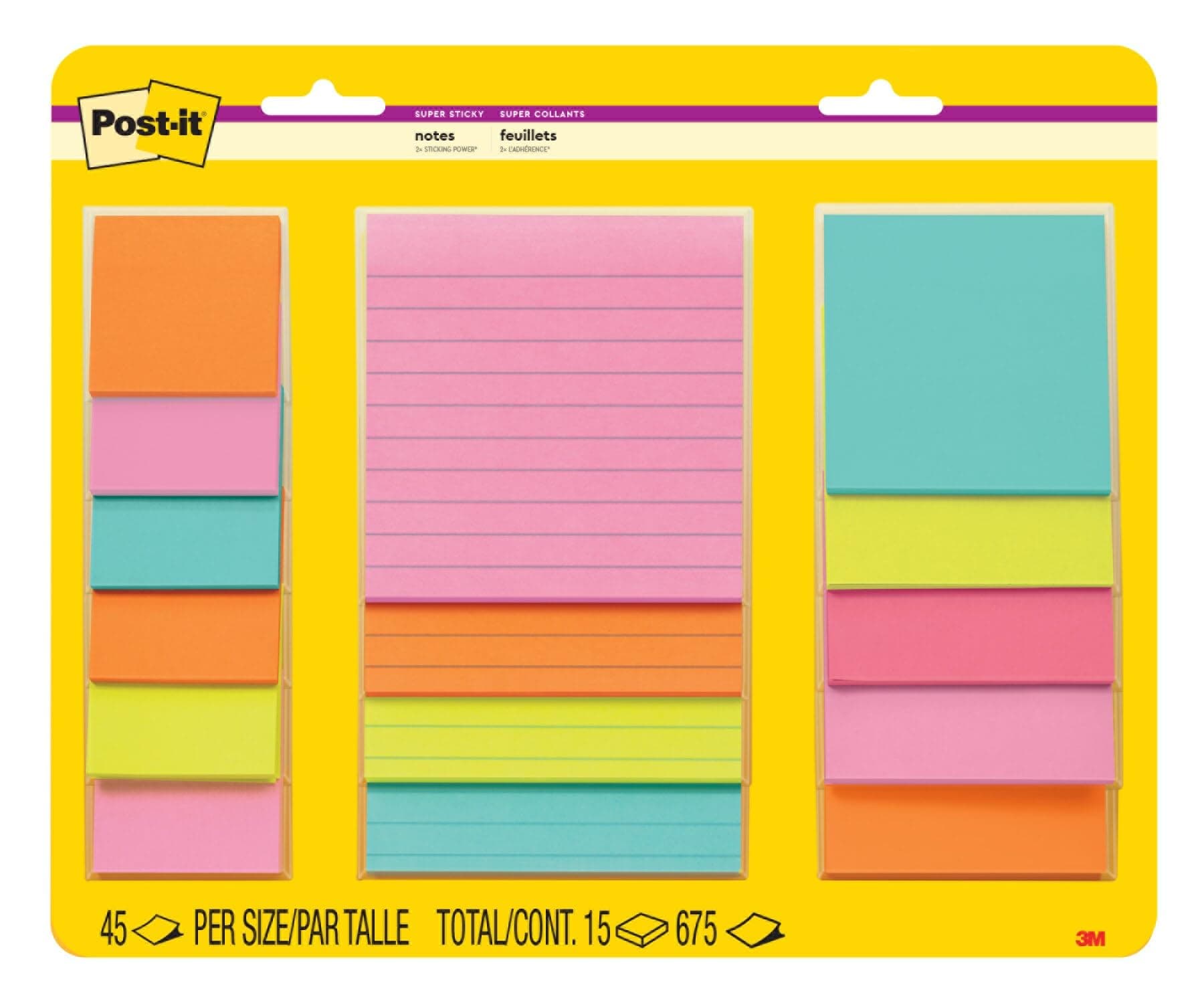 Super Sticky Notes, 15 Sticky Note Pads, Multi-Size., Ideal for Organization in Your Dorm, Home or Office, 2X The Sticking Power, Supernova Neons Collection