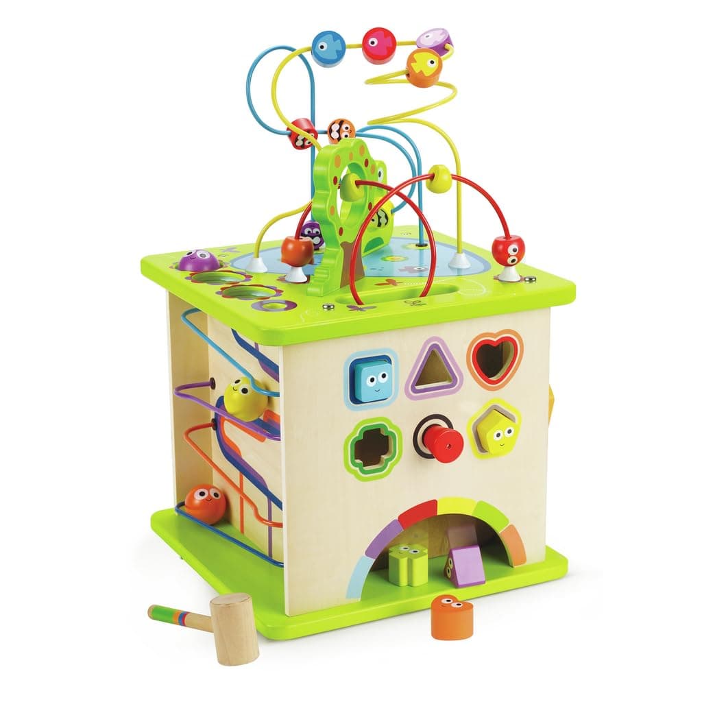 Country Critters Wooden Activity Play Cube By Hape | Wooden Learning Puzzle Toy For Toddlers, 5-Sided Activity Center With Animal Friends, Shapes, Mazes, Wooden Balls, Shape Sorter Blocks And More