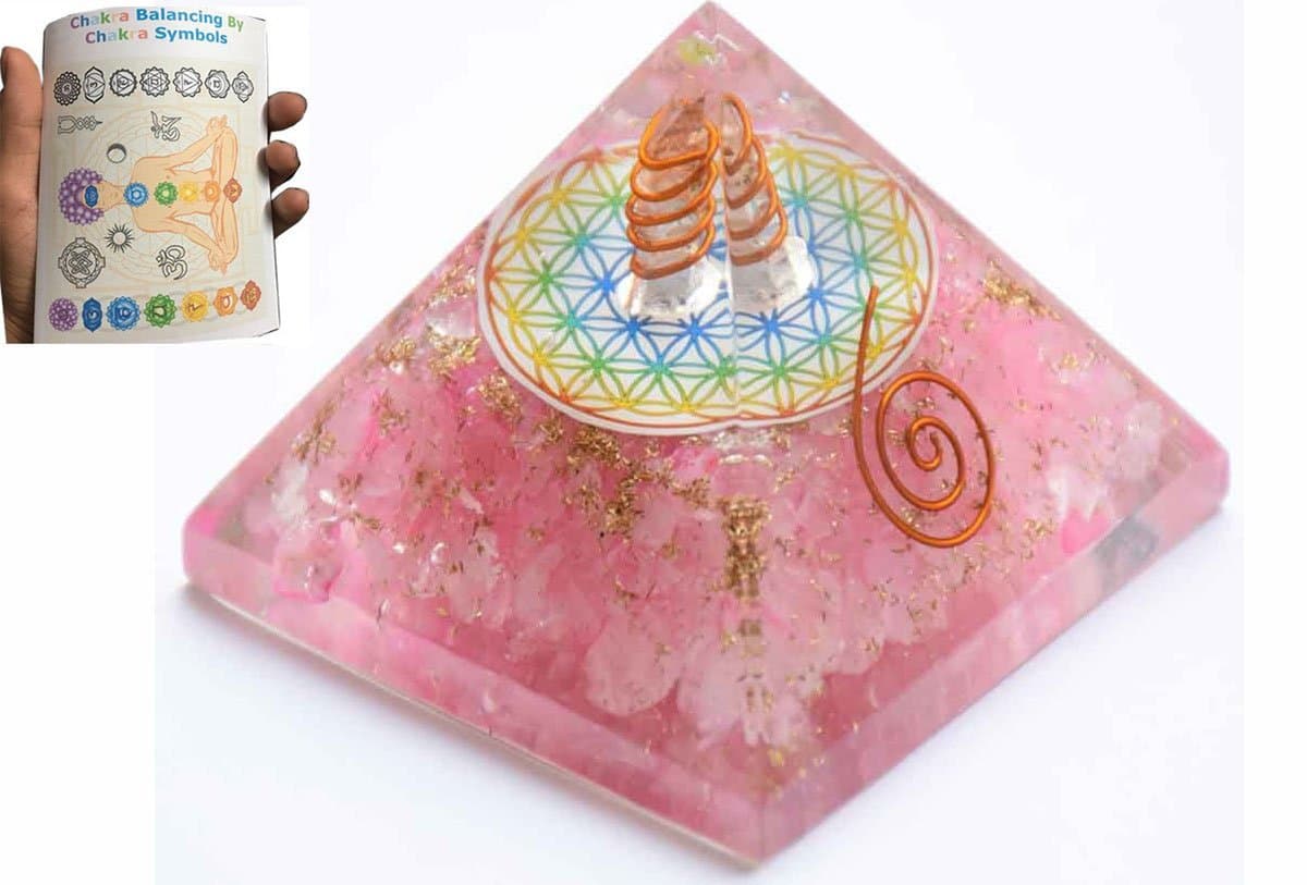 New Rose Quartz Chakra Orgone Pyramid Free 20 Page Booklet with Crystal Gemstones Copper Metal Mix Rare Healing Positive Energy, Memory Concentration Meditation Spiritual,Business Prosperity Success