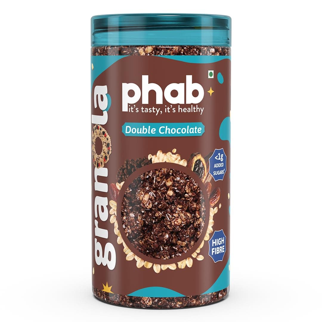 Phab Double Chocolate Crunchy Granola Cereals, Source of High Fiber & Gut-Friendly | 44% Oats | Goodness of Baked Rolled Oats, Dates, Pre-Biotics | No Preservative, No Trans fat | 245 gm